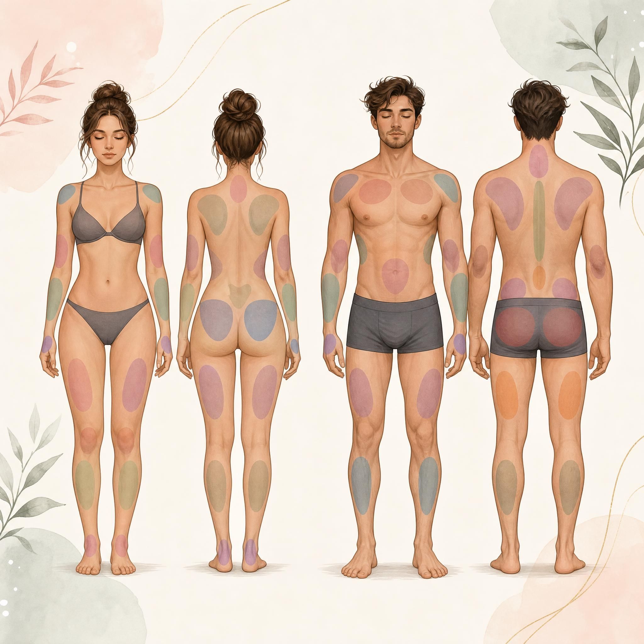 Illustration d'une silhouette corporelle avec des zones de placement de tatouage indiquées, style illustratif doux et coloré sans texte