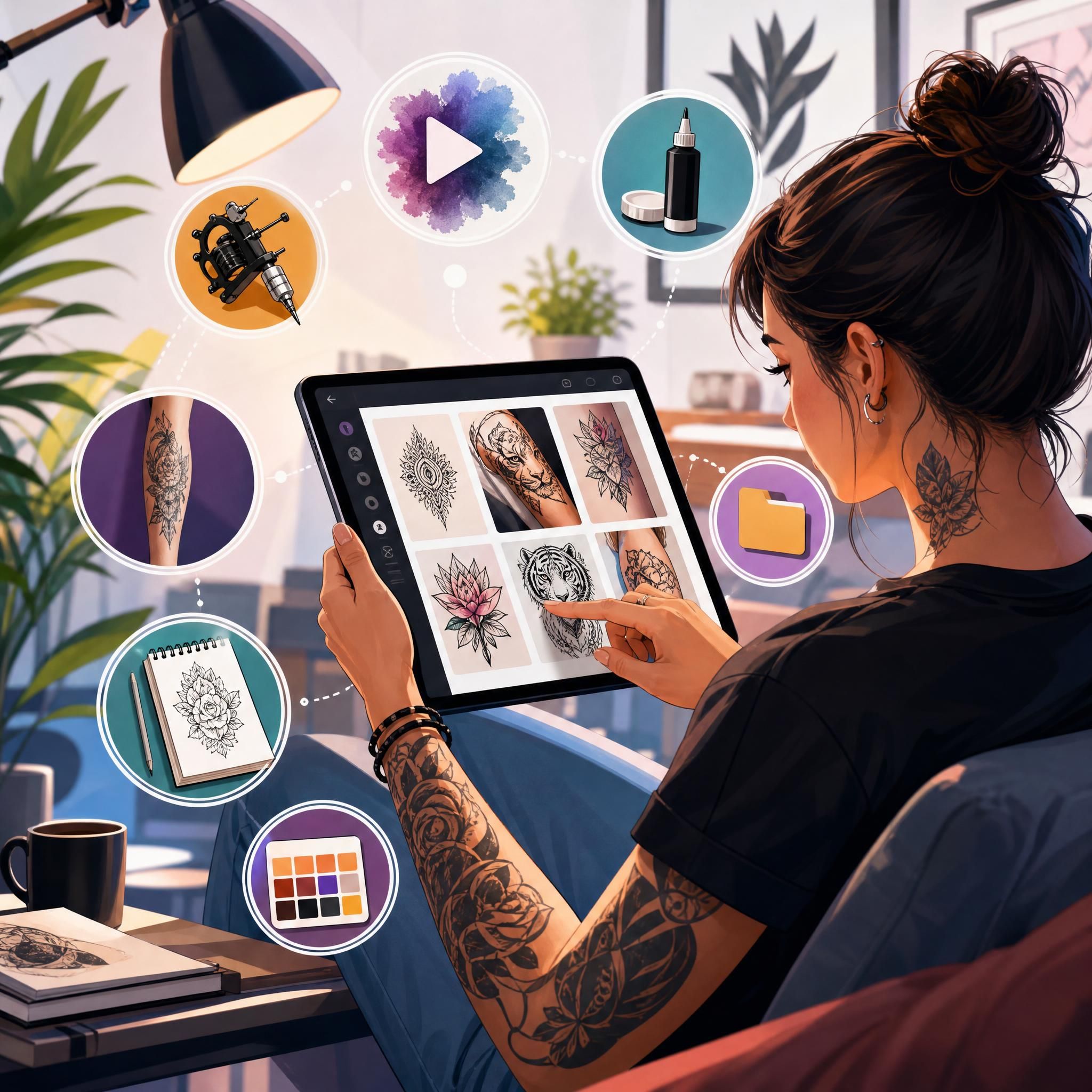 Illustration colorée et moderne montrant une personne utilisant une tablette pour explorer des styles de tatouage, entourée d'icônes d'applications et de ressources numériques, style illustratif sans texte