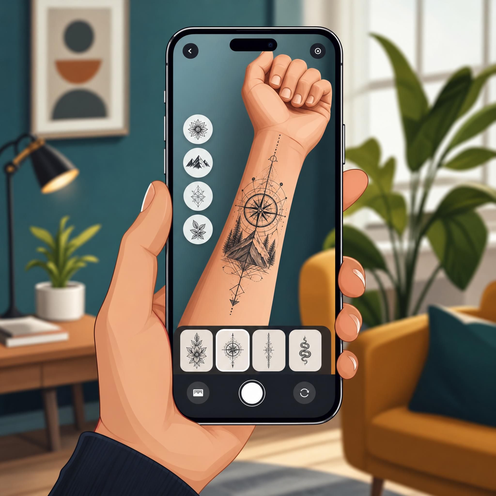 Illustration montrant une main tenant un smartphone avec une interface d'application de prévisualisation de tatouage en réalité augmentée, style illustratif moderne et coloré sans texte
