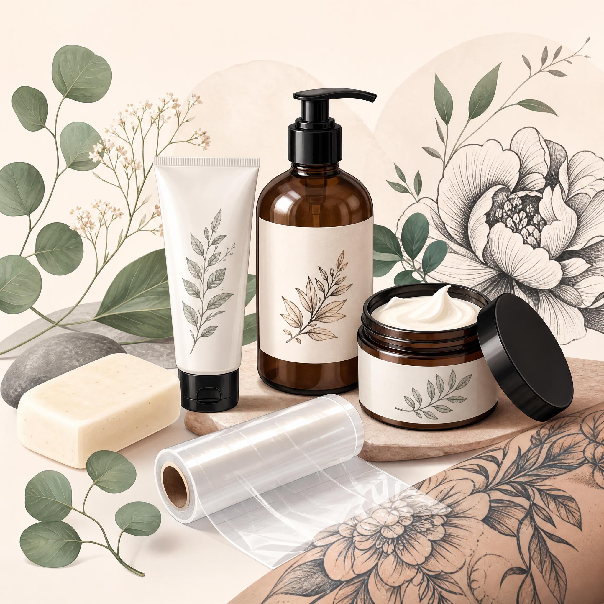 Illustration douce et apaisante montrant différents outils de soin pour tatouage - crèmes, savon doux, film protecteur - avec des éléments botaniques décoratifs, style illustratif sans texte