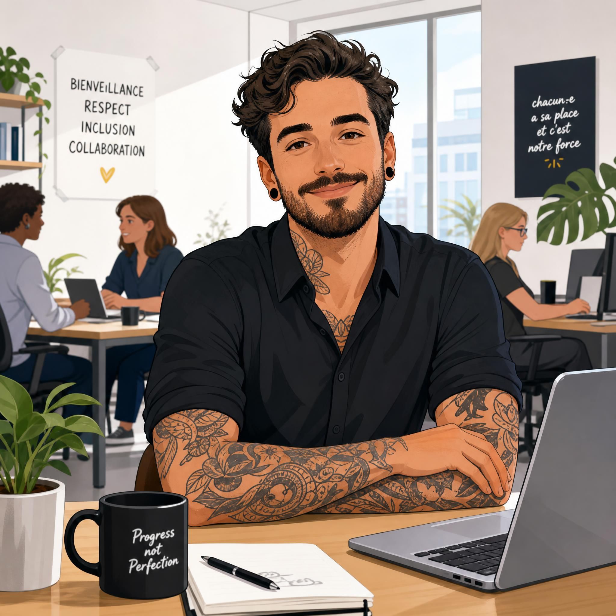Illustration montrant un professionnel tatoué dans un bureau moderne et lumineux, ambiance inclusive et bienveillante, style illustratif