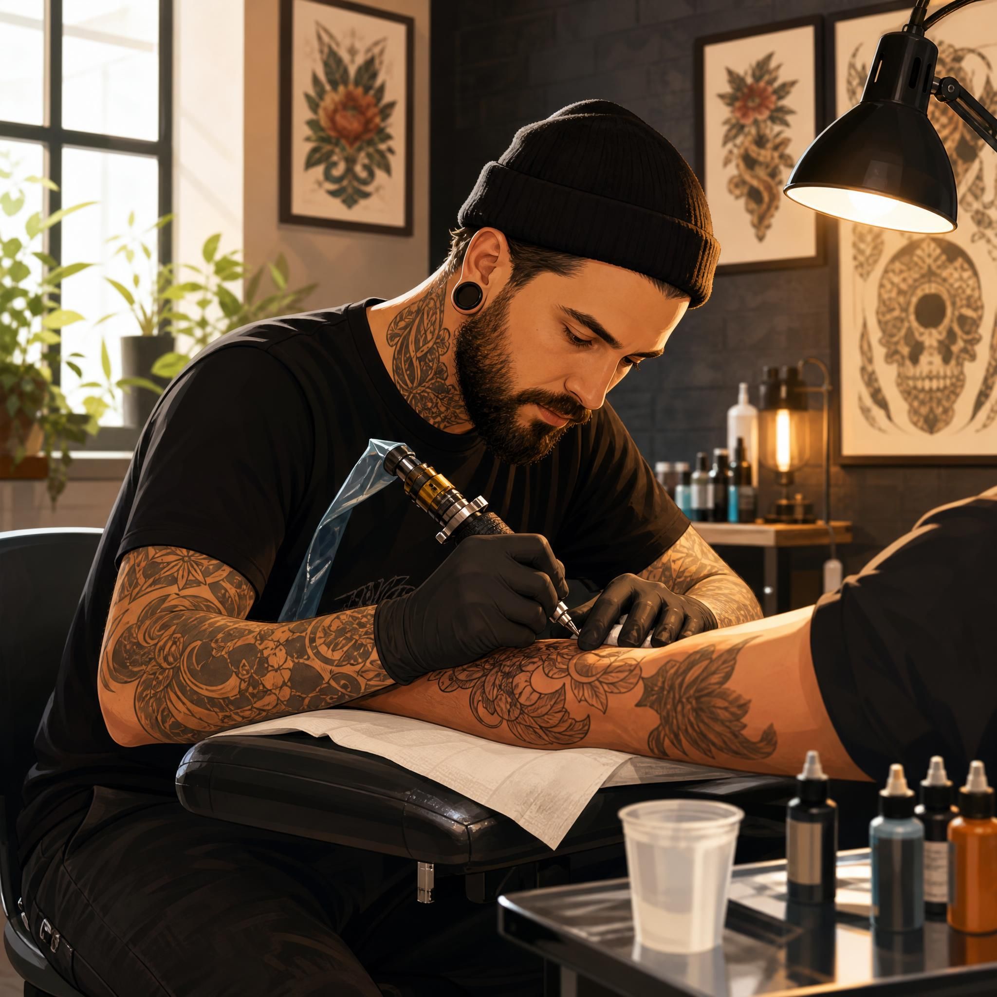 Illustration inspirante d'un tatoueur professionnel en pleine création dans un studio moderne et accueillant, style illustratif chaleureux sans texte