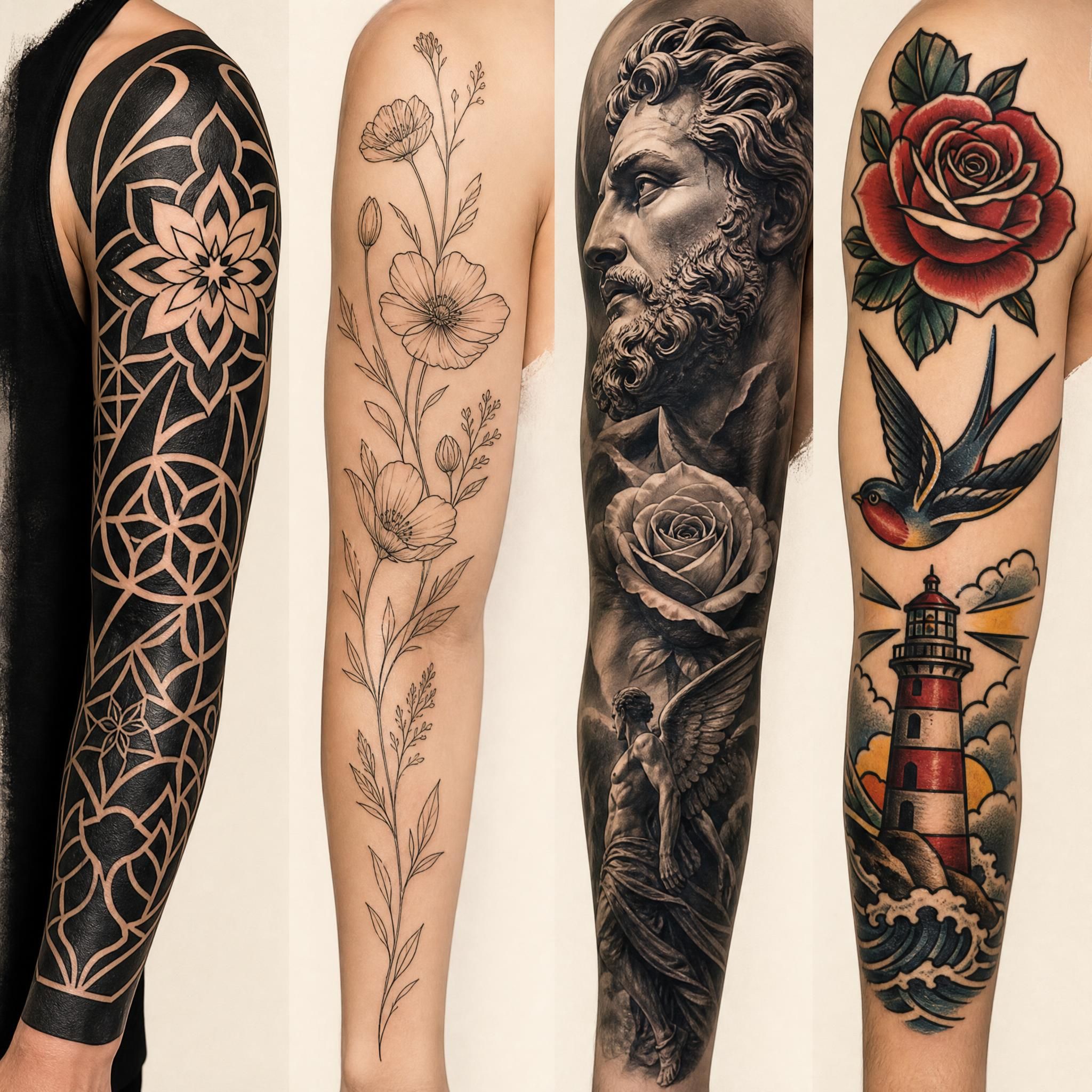 Illustration montrant différents styles de tatouage côte à côte - blackwork, fine line, réalisme, old school - style illustratif sans texte