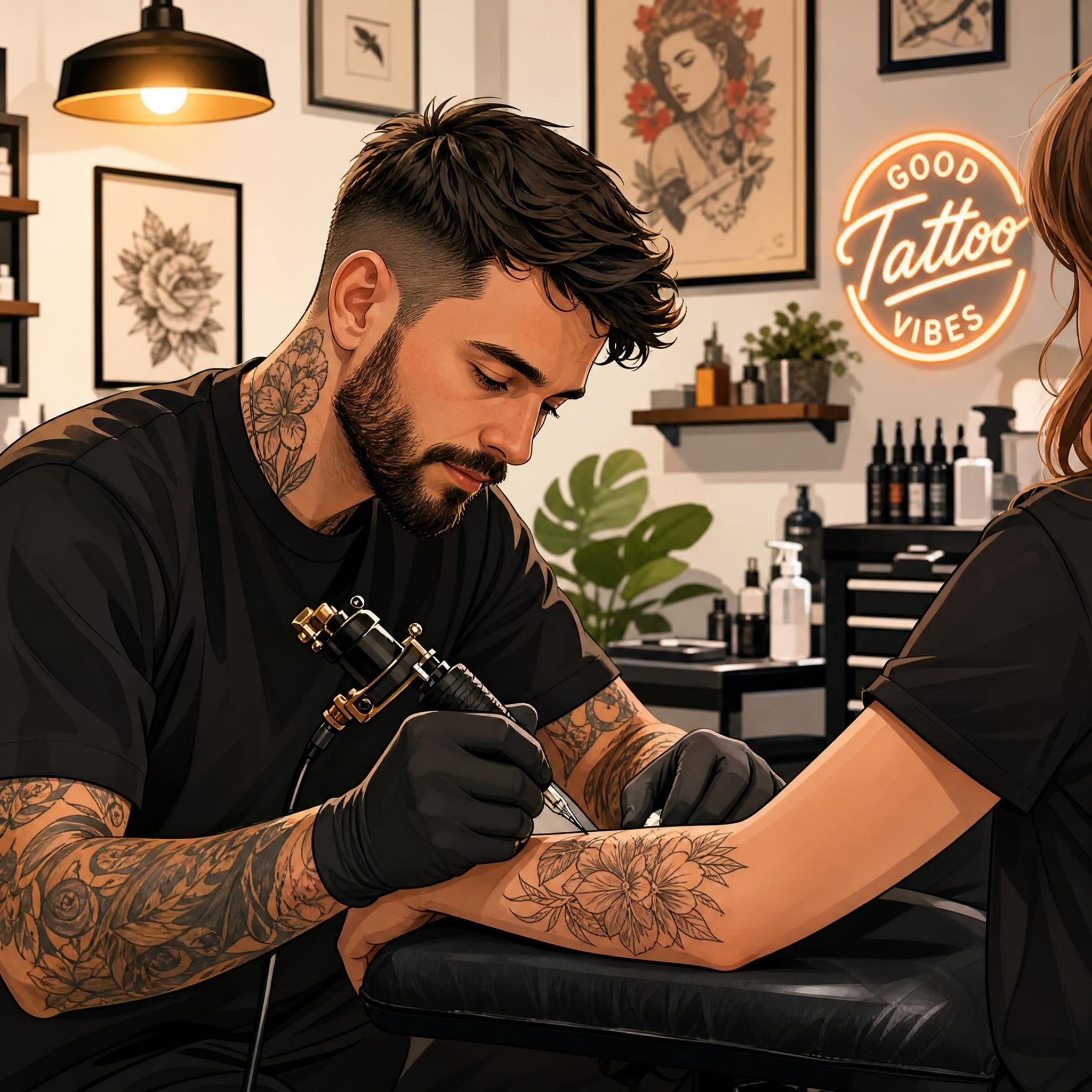 Illustration chaleureuse d'un tatoueur professionnel en plein travail dans un studio propre et artistique, style illustratif moderne