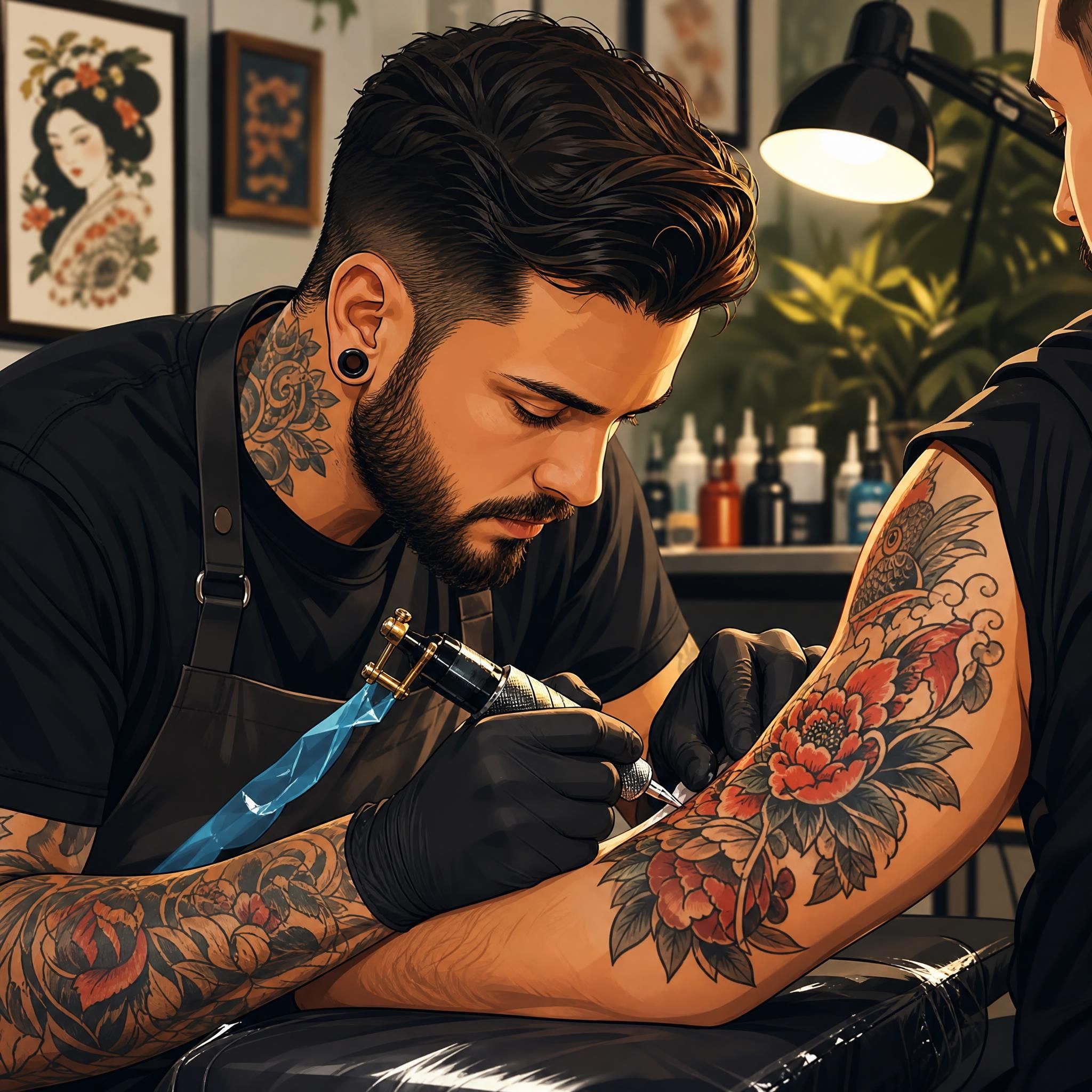 Illustration artistique d'un tatoueur professionnel travaillant sur un bras, style illustratif coloré sans texte