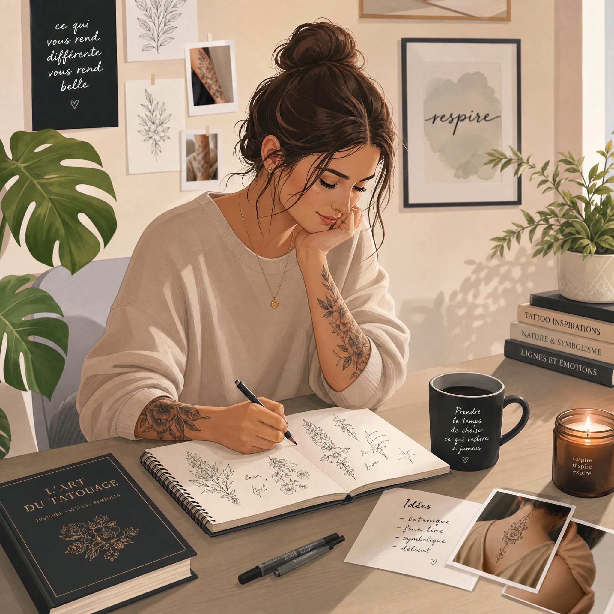 Illustration douce et rassurante d'une femme qui planifie son prochain tatouage avec un carnet de croquis, style illustratif pastel
