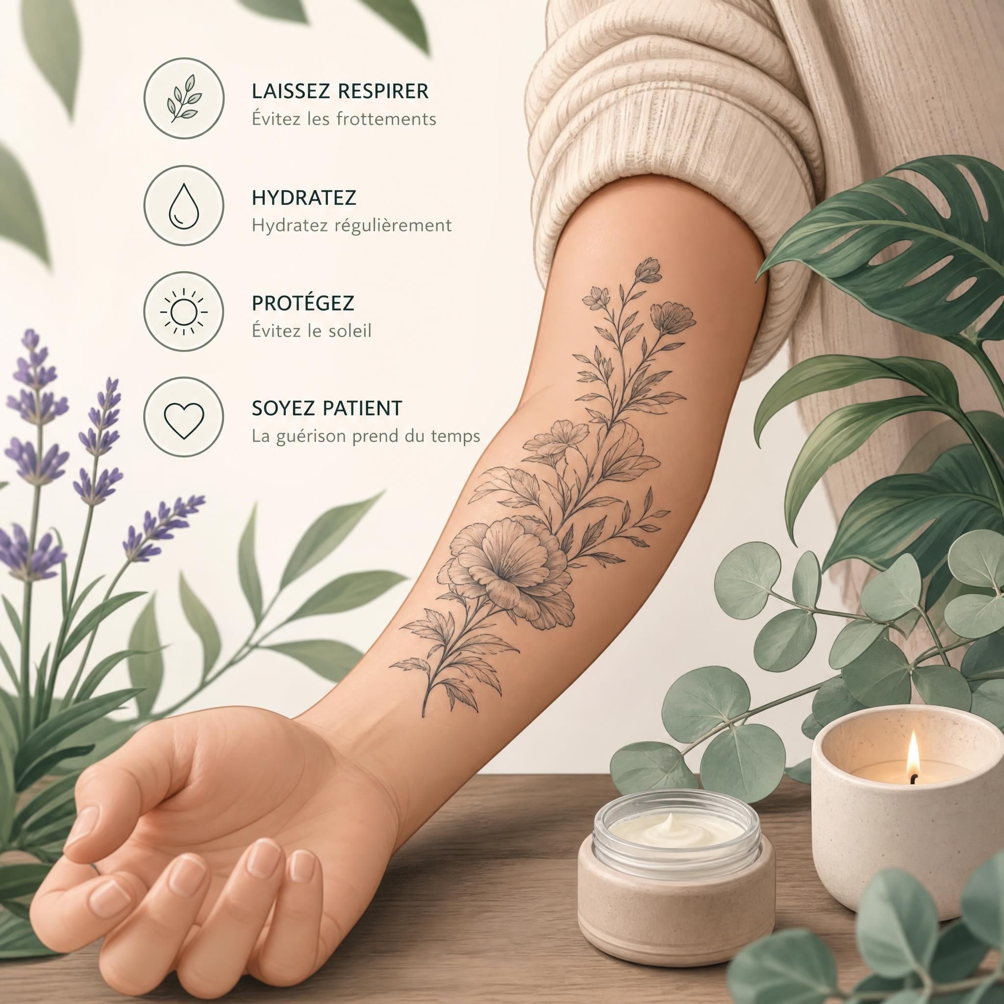 Illustration apaisante d'un bras tatoué en cours de cicatrisation avec des éléments naturels symbolisant la guérison, style illustratif doux