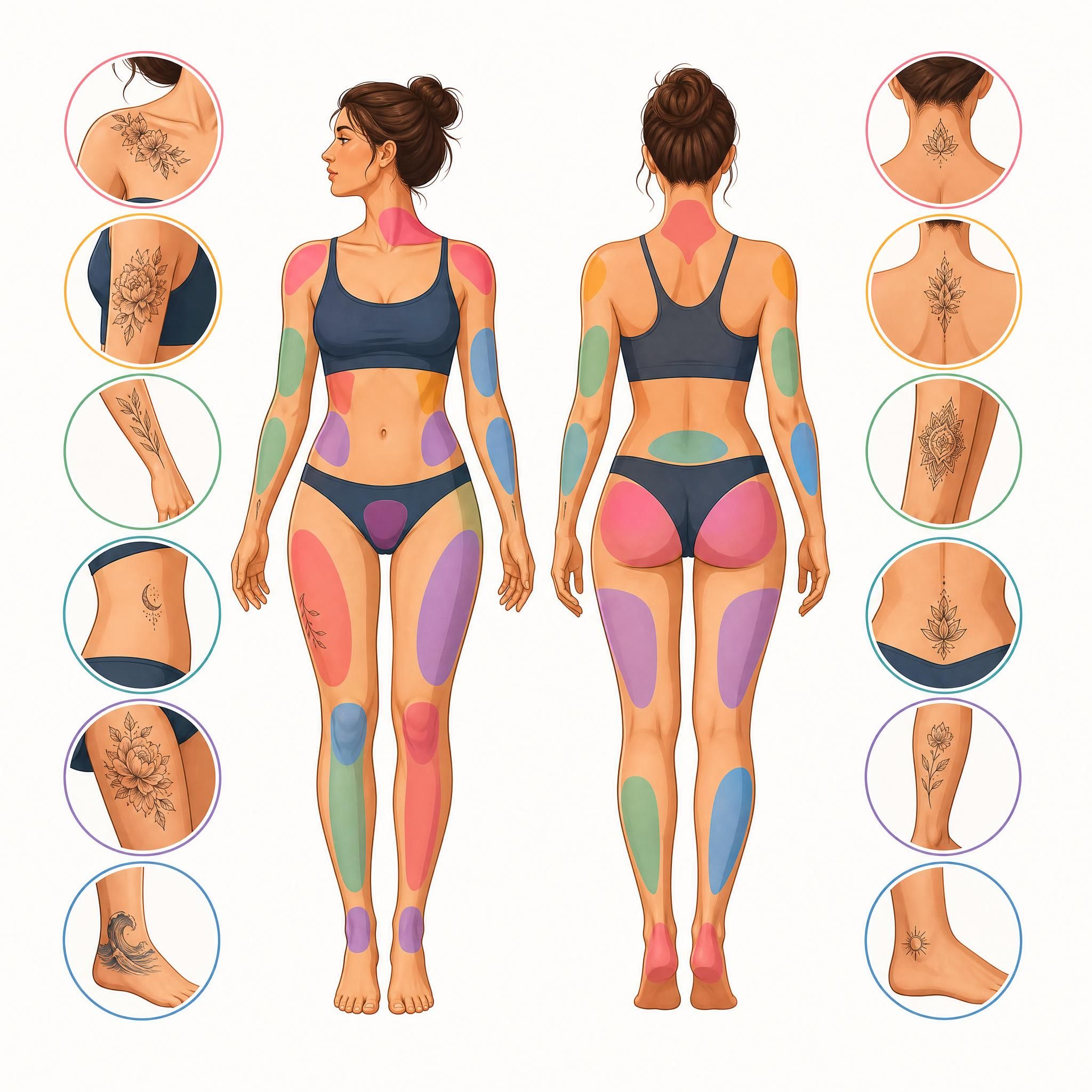 Illustration colorée montrant différents emplacements de tatouage sur une silhouette humaine, style schéma illustratif sans texte