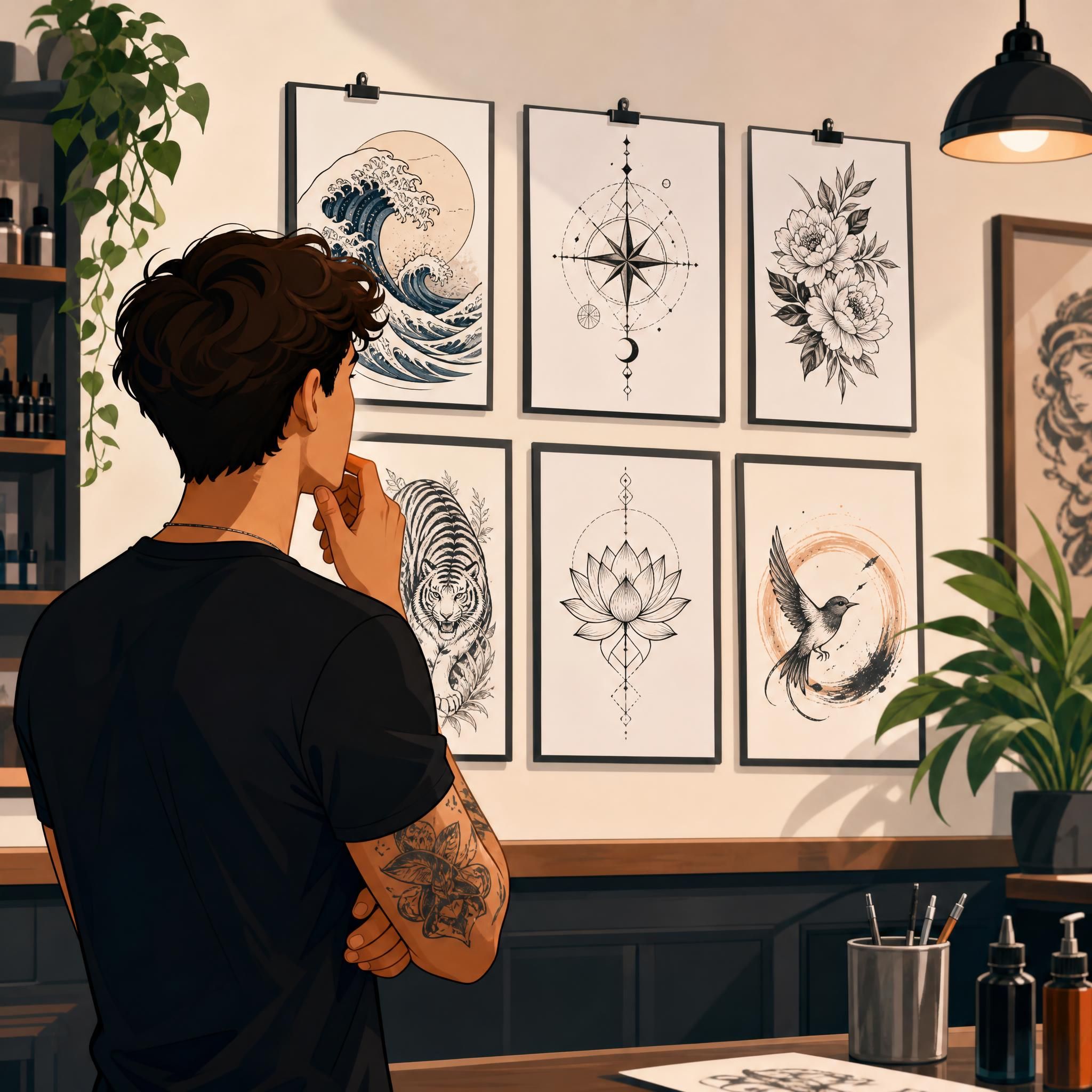 Illustration décontractée d'une personne hésitante devant plusieurs designs de tatouage, style illustratif coloré sans texte