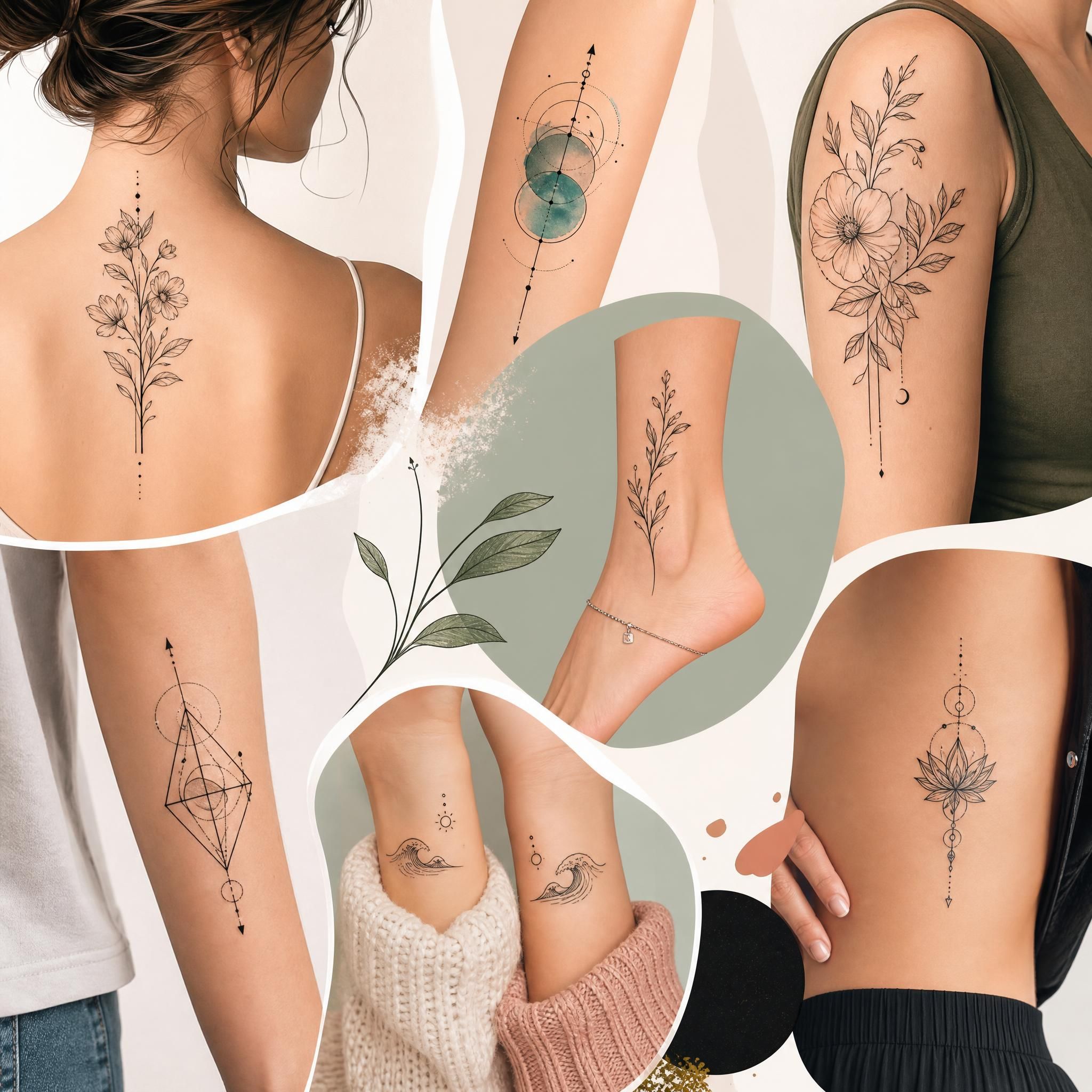 Illustration colorée et illustrative de plusieurs styles de tatouages tendances en 2026 — fine line floral, géométrique, matching tattoo — sans texte, style artistique moderne