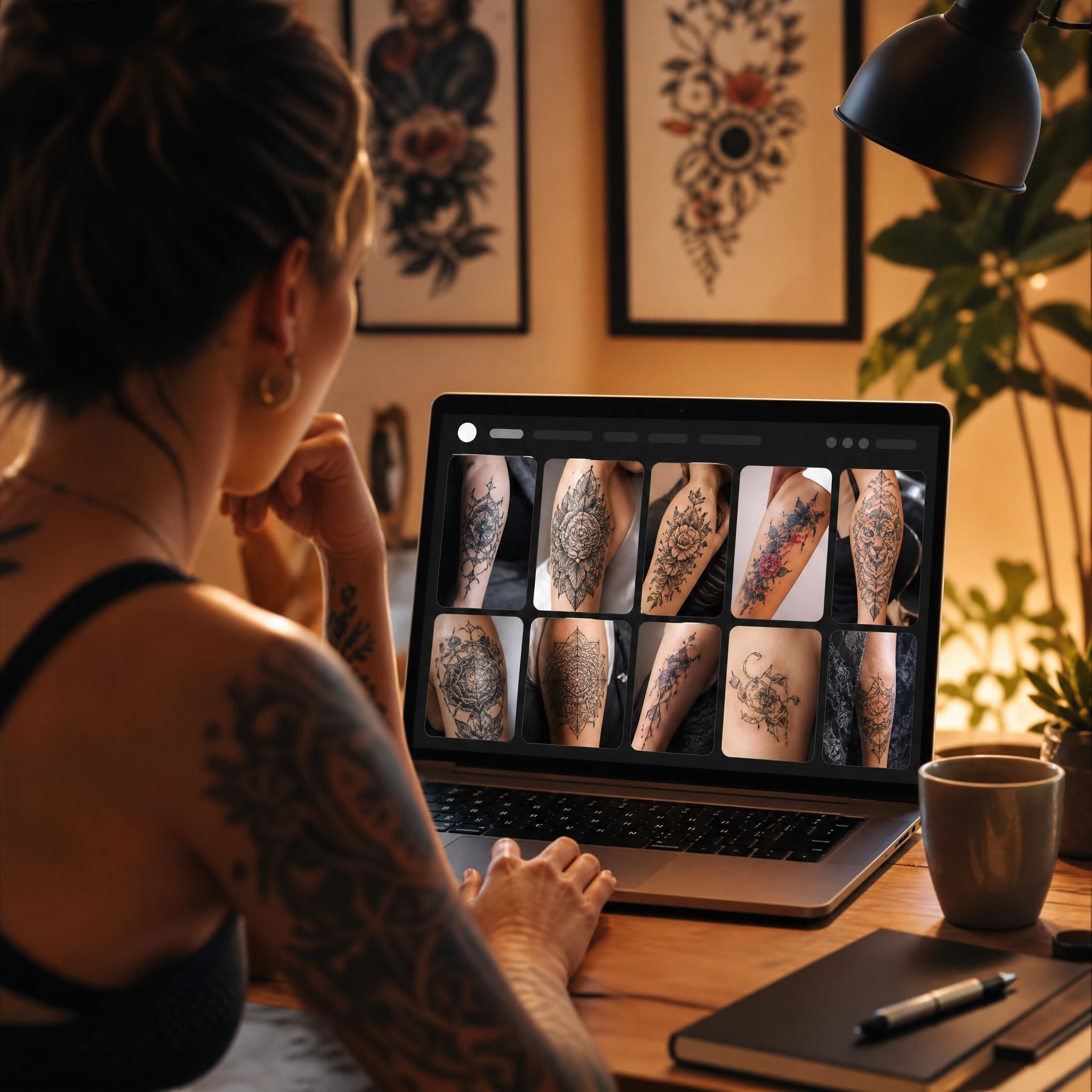 Illustration d'une personne consultant un portfolio de tatouages sur une plateforme en ligne, avec des vignettes de différents styles artistiques, ambiance chaleureuse et inspirante sans texte