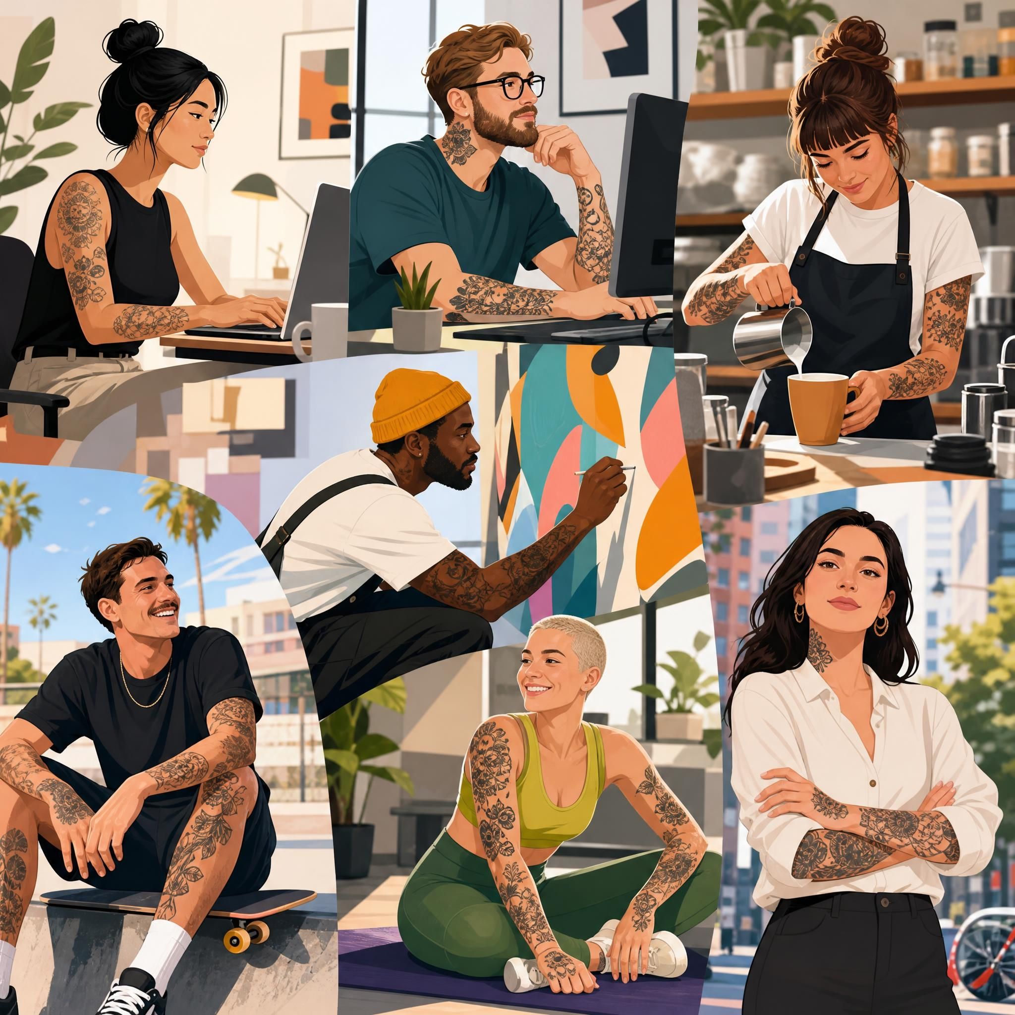 Illustration colorée et moderne montrant une diversité de personnes tatouées dans différents contextes sociaux et professionnels, style illustratif sans texte
