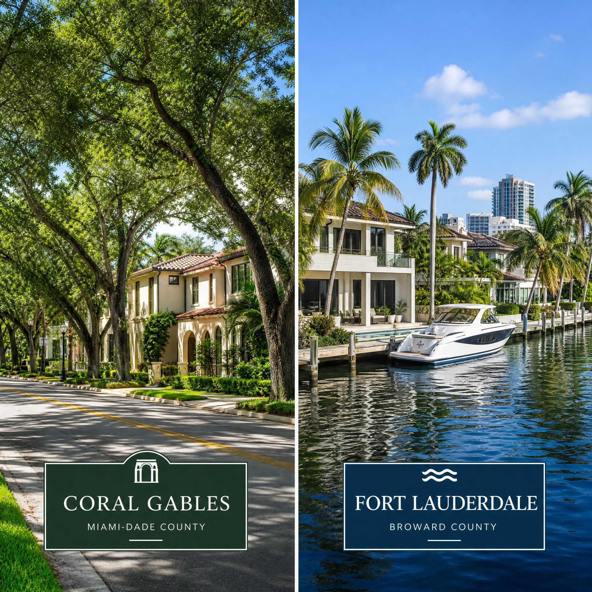Split image showing Coral Gables tree-lined residential street and Fort Lauderdale waterfront canal home, representing Broward and Miami-Dade neighborhoods