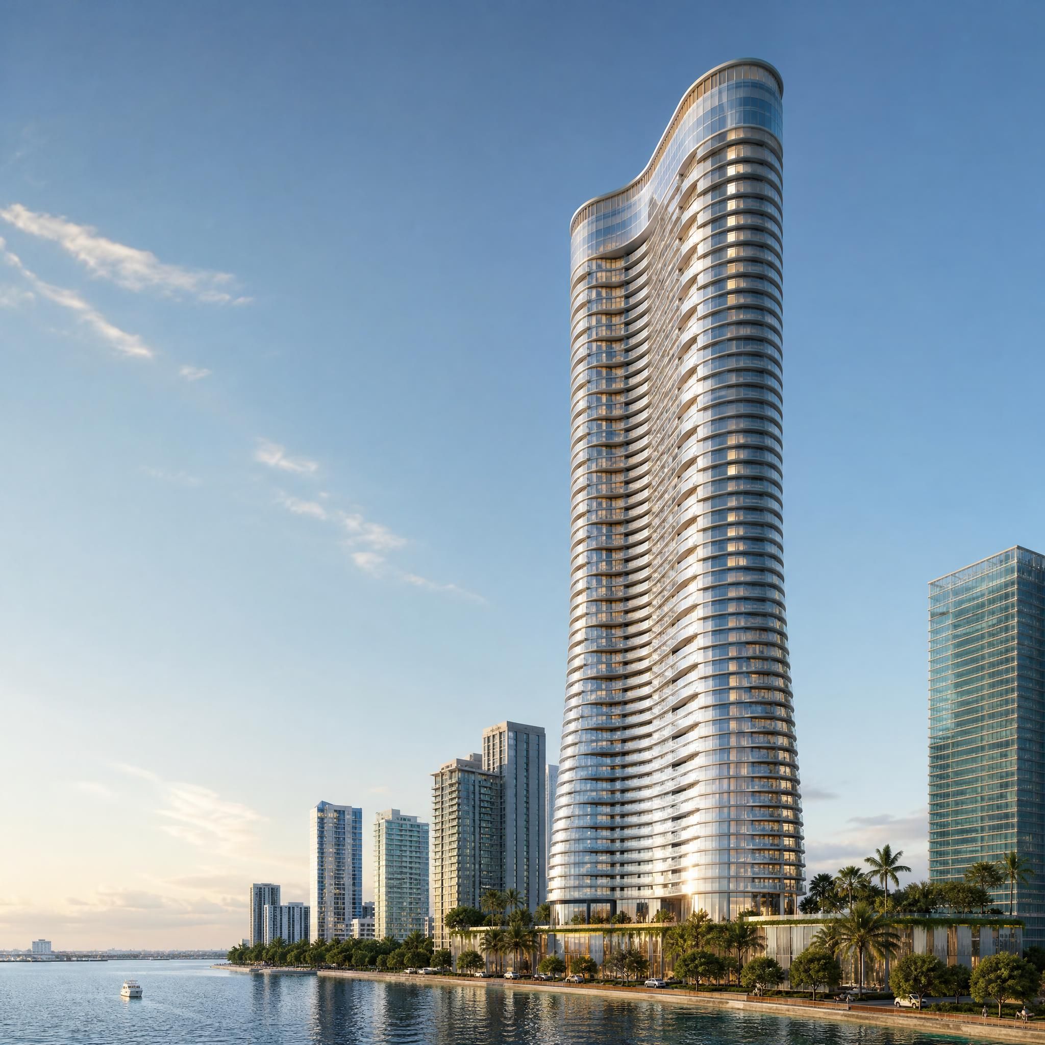 Architectural rendering of Lilli tower by OKO Group and Adrian Smith + Gordon Gill Architecture, a sinuous 53-story glass residential tower on Biscayne Bay in Miami's Edgewater neighborhood