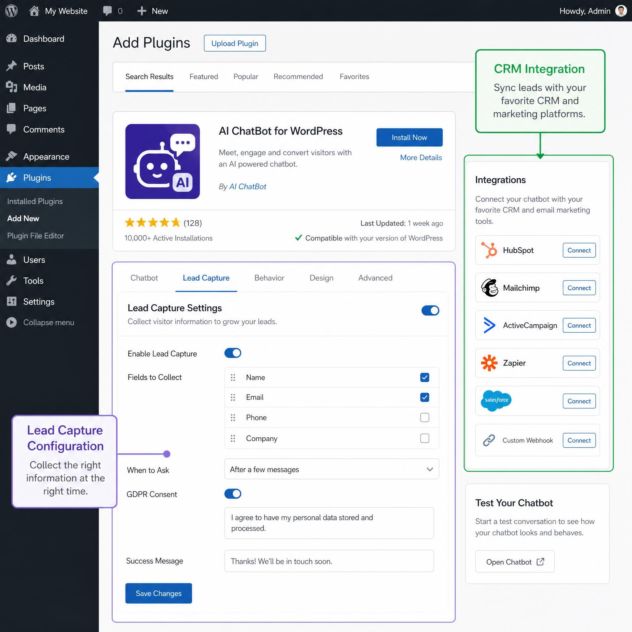 WordPress dashboard showing AI chatbot plugin installation interface with lead capture settings and CRM integration options highlighted