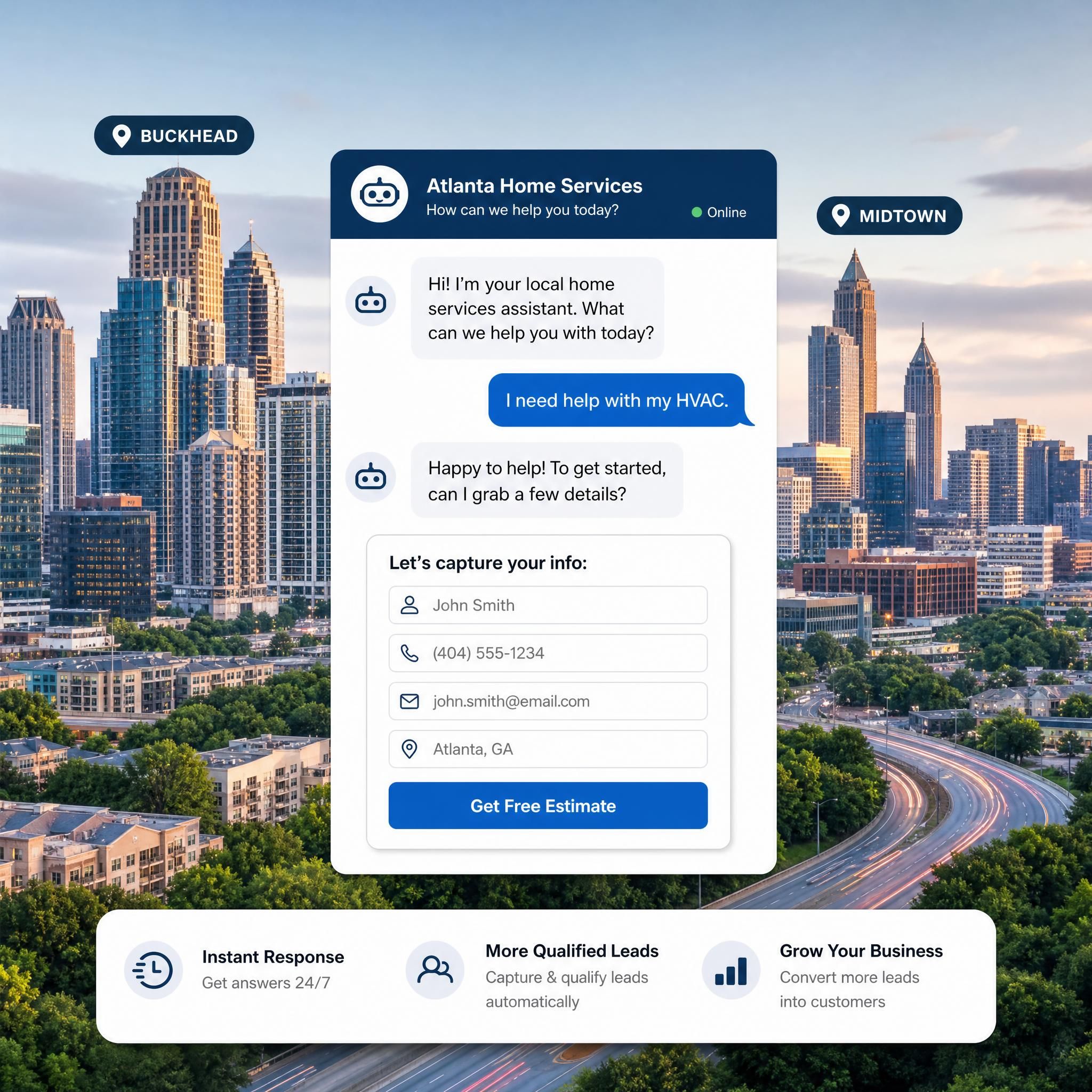 Atlanta cityscape with Buckhead and Midtown skyline, overlaid with digital chatbot conversation interface showing lead capture for local service business