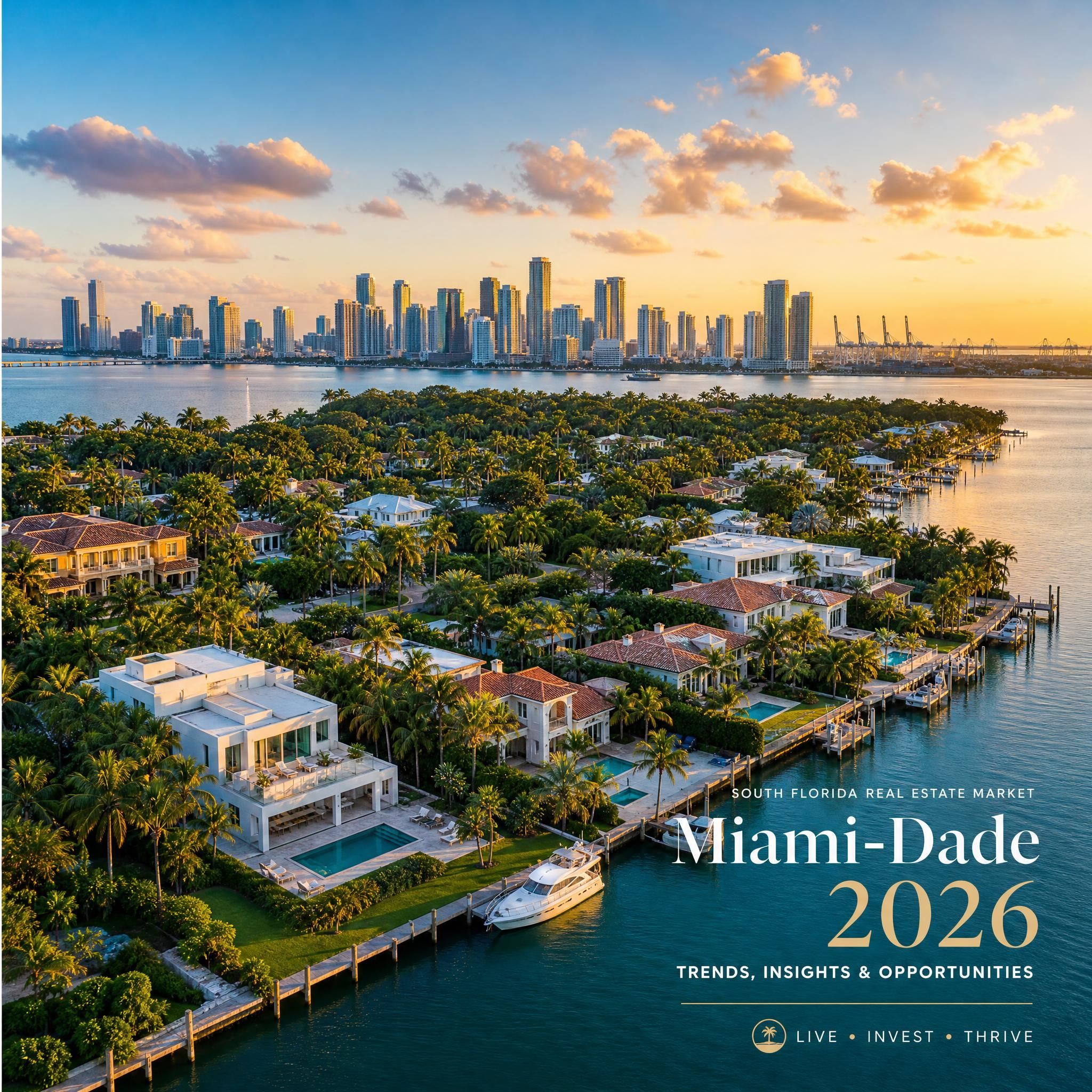 Aerial view of Miami-Dade luxury waterfront homes and skyline at golden hour, South Florida real estate market 2026