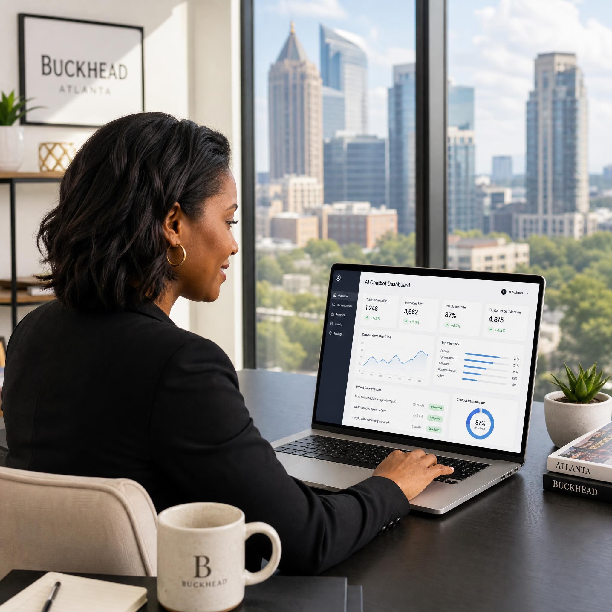 Atlanta small business owner reviewing AI chatbot dashboard on laptop in Buckhead office, modern workspace with city skyline in background