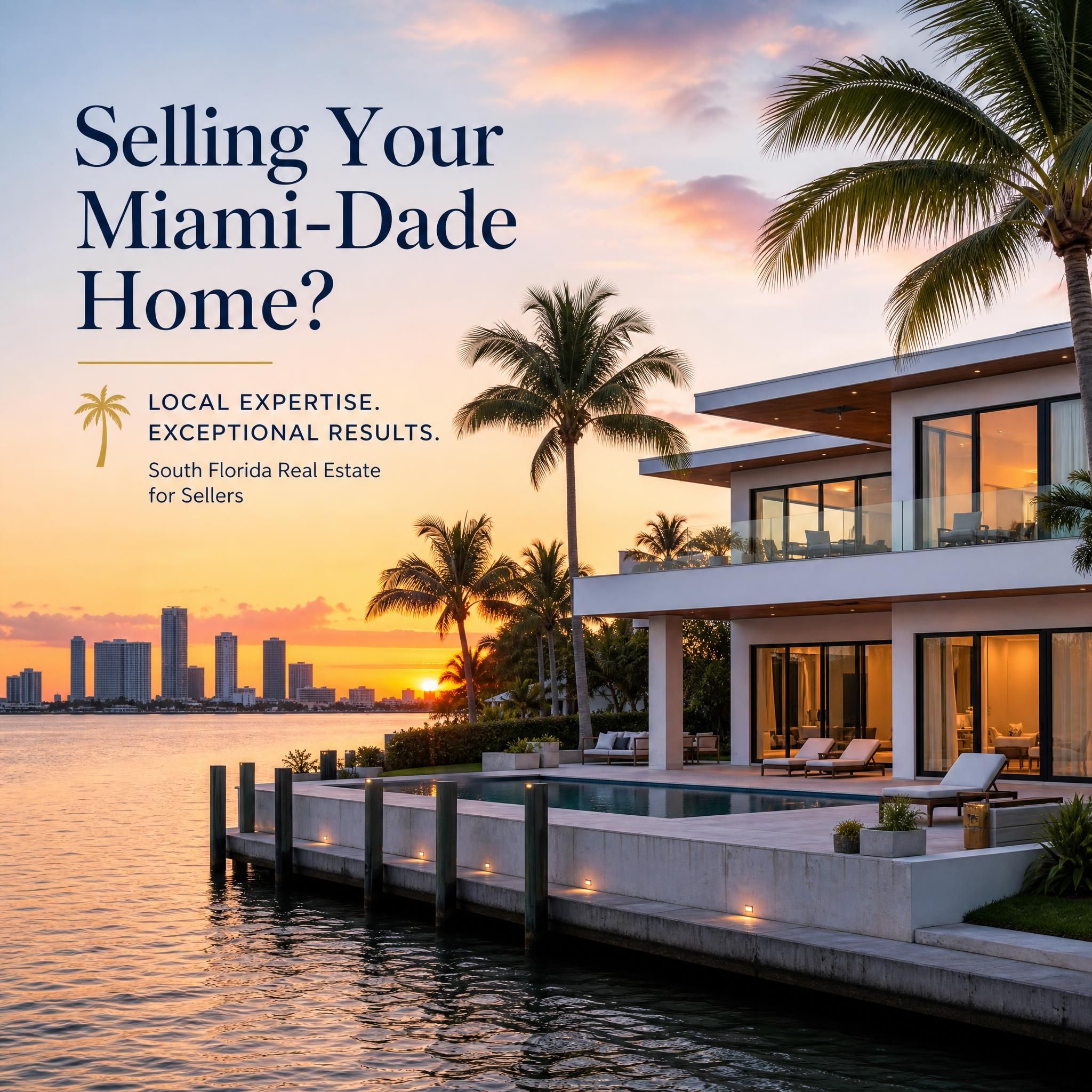 Stunning luxury waterfront home in Miami-Dade County at sunset, South Florida real estate for sellers