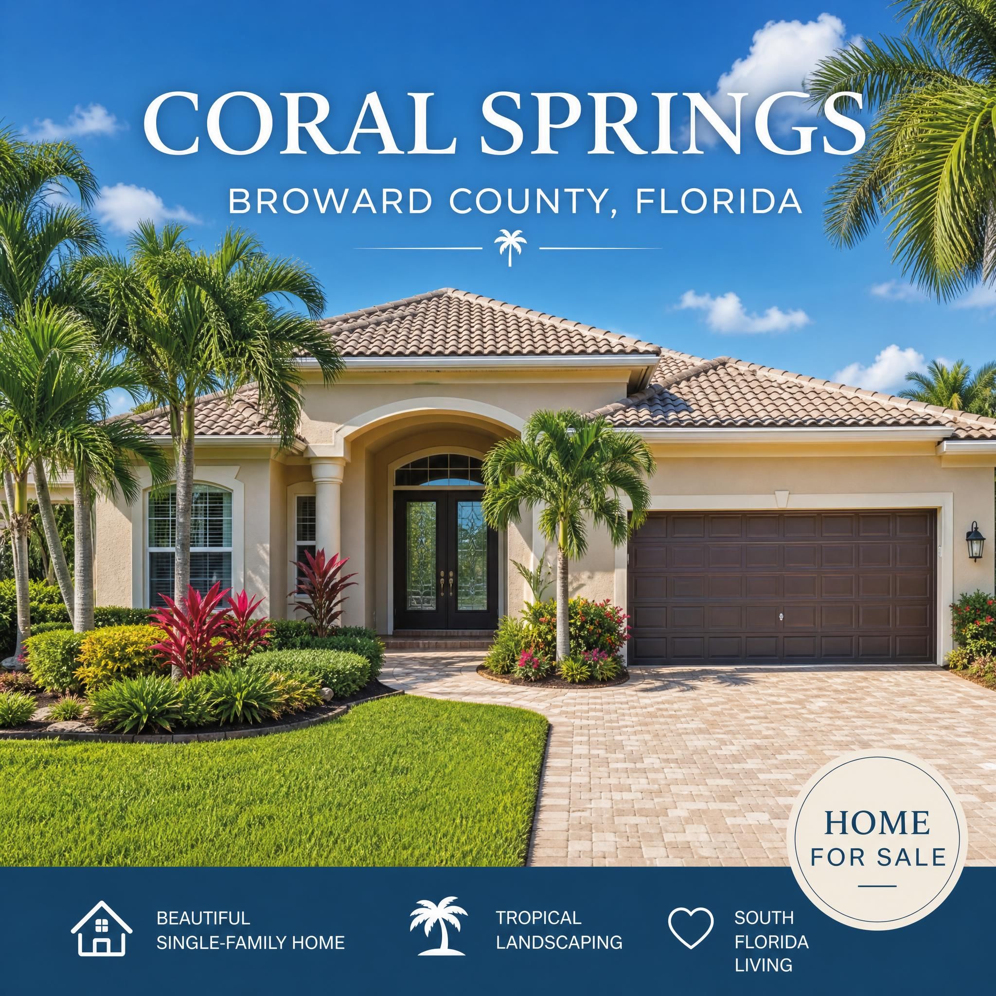 Attractive single-family home in Coral Springs Broward County with well-maintained tropical landscaping, South Florida home for sale