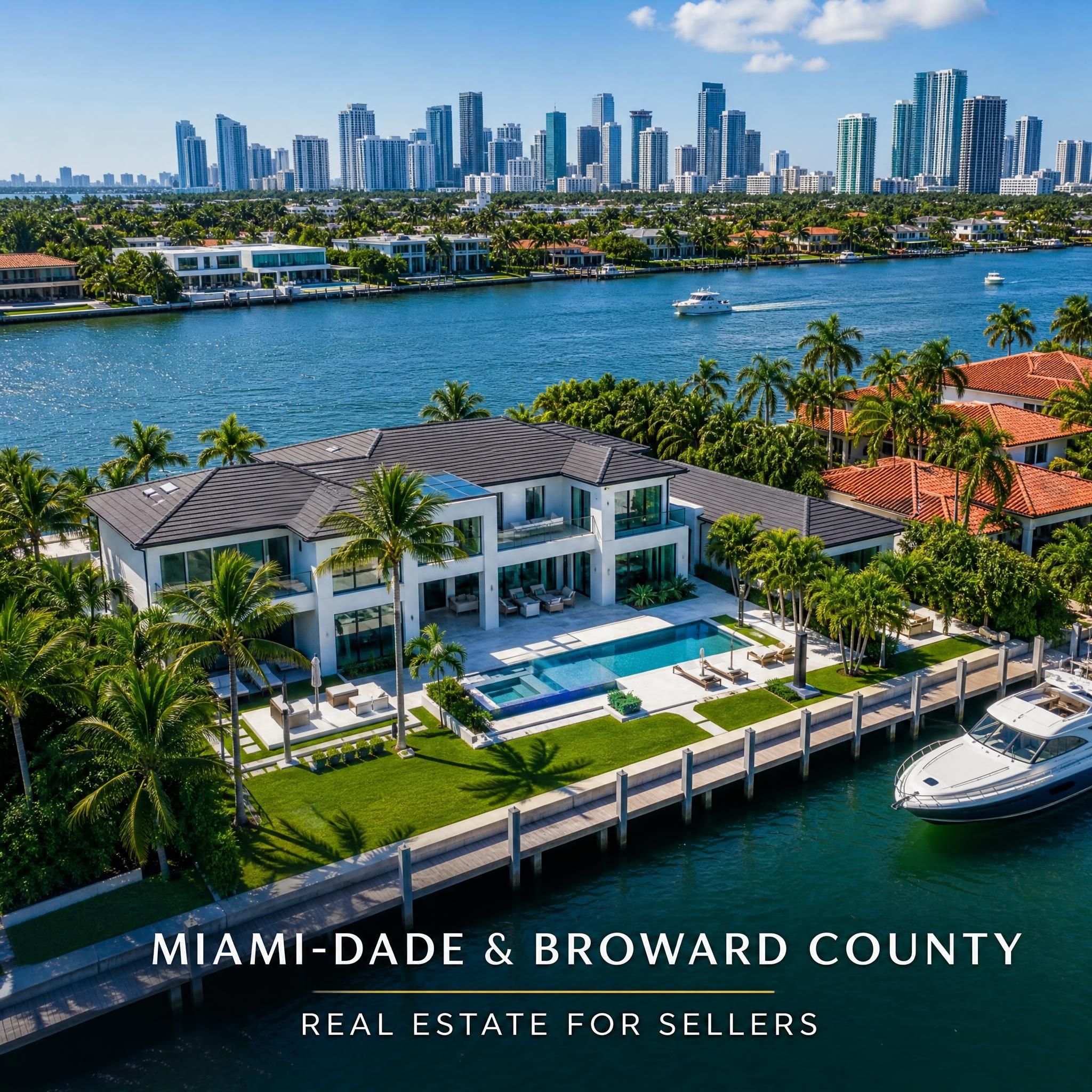 Aerial view of a luxury waterfront property in South Florida with Miami skyline in the background, representing Miami-Dade and Broward County real estate for sellers