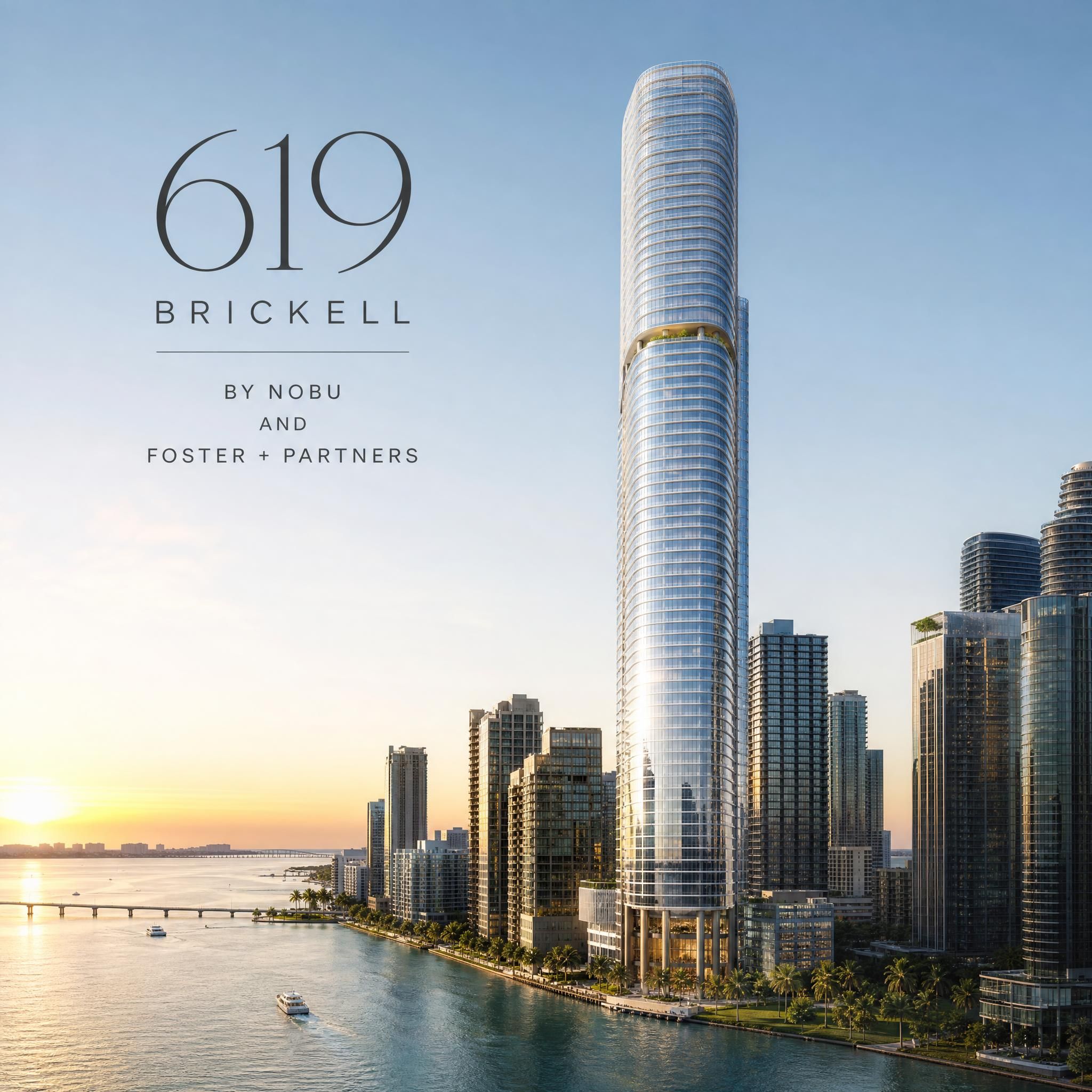 Architectural rendering of 619 Brickell by Nobu and Foster + Partners, a 75-story glass tower rising above Biscayne Bay in Miami's Brickell district
