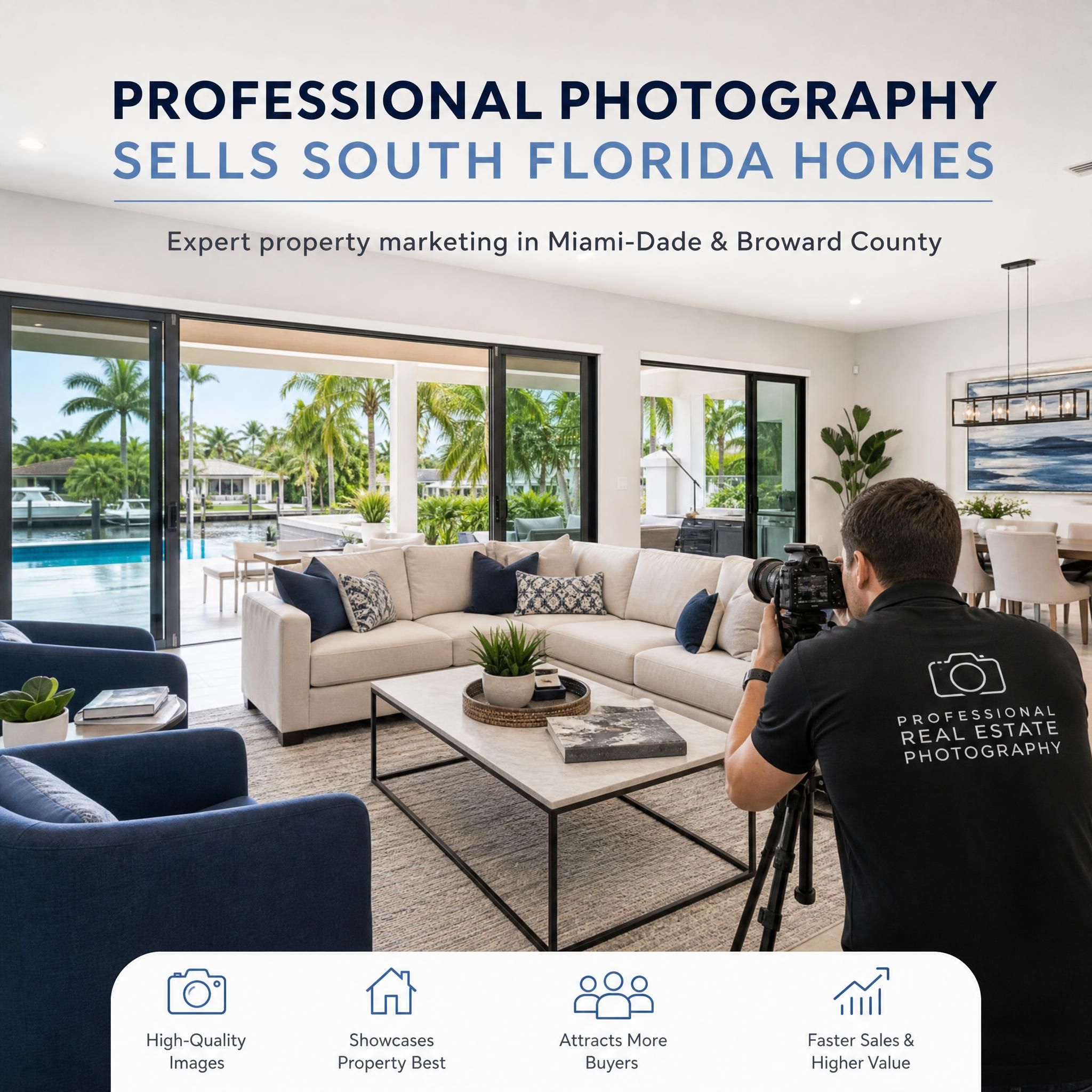 Professional real estate photography setup showing a staged South Florida living room with pool view and modern interior, representing expert property marketing in Miami-Dade and Broward County