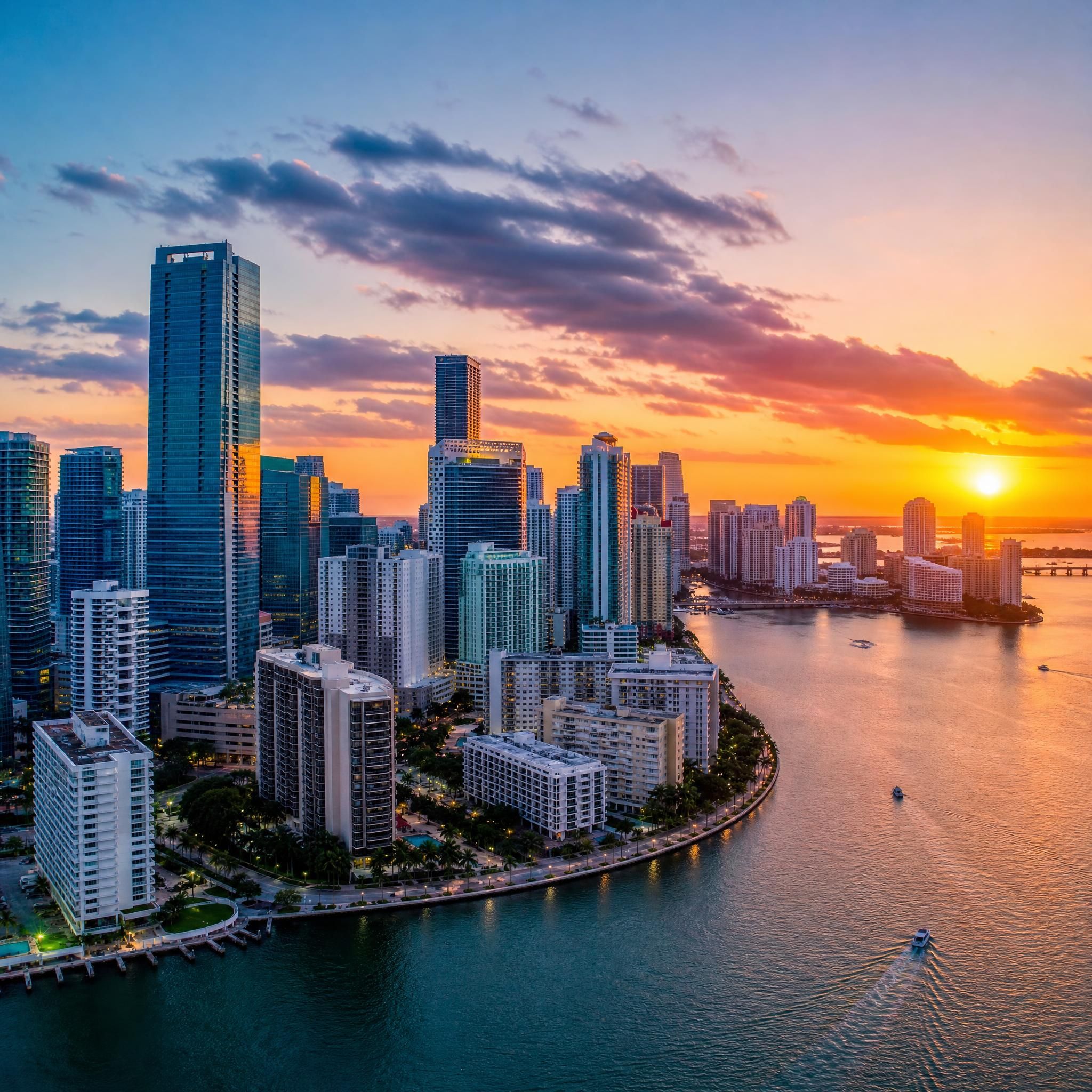 Aerial drone shot of Miami's Brickell and Edgewater skyline at sunset with luxury high-rise towers reflecting on Biscayne Bay