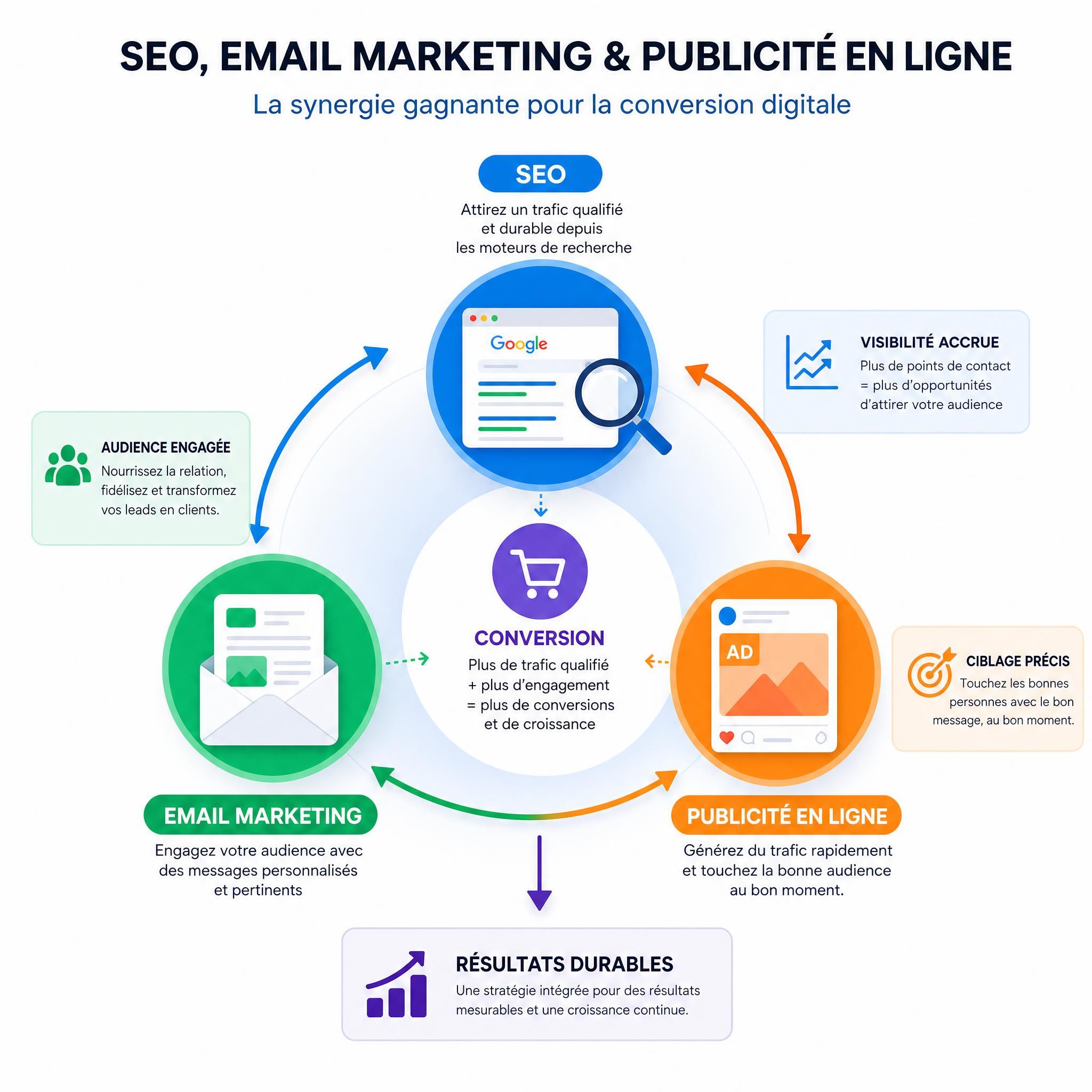 Schéma illustrant la synergie entre SEO email marketing et publicité en ligne pour la conversion digitale