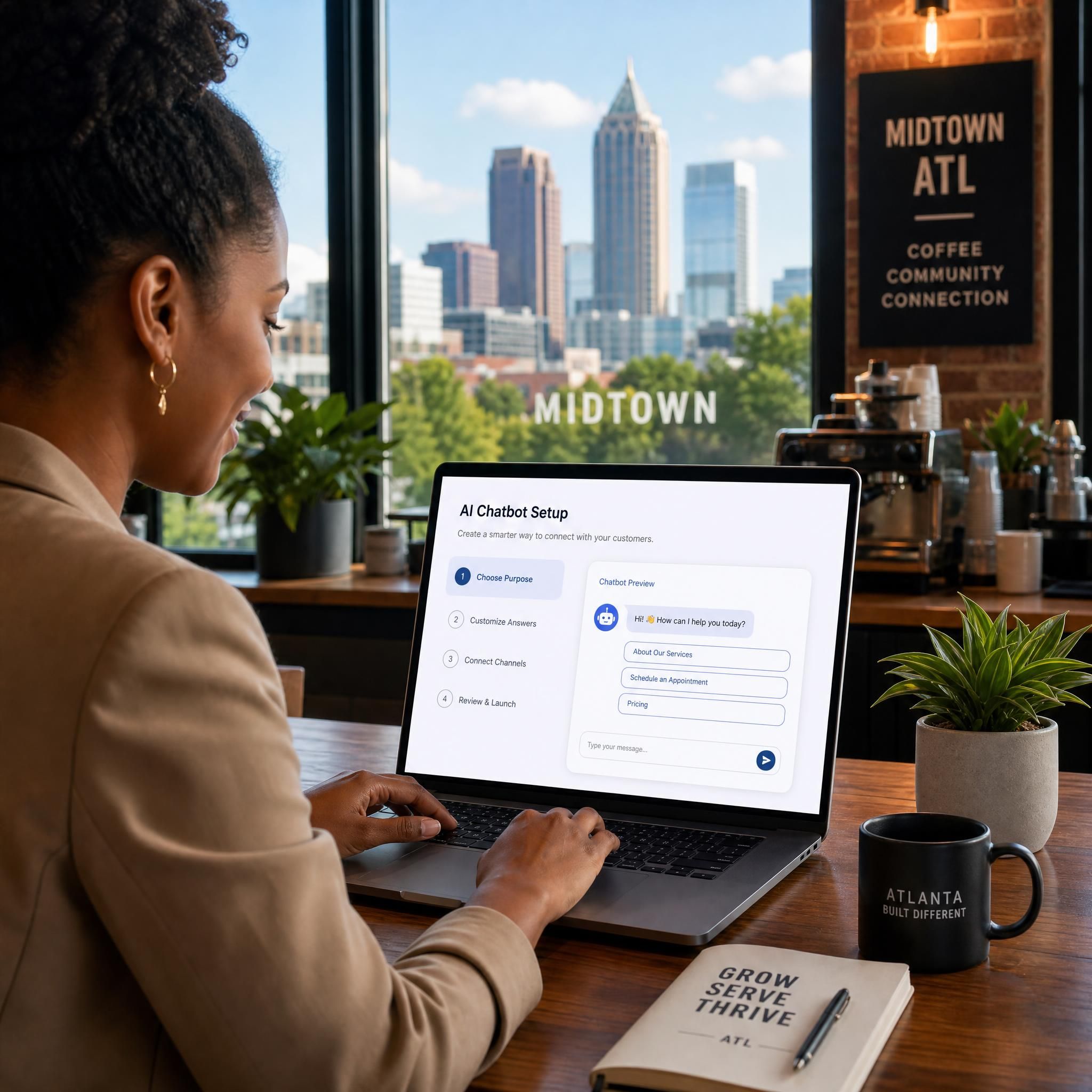 Atlanta small business owner setting up an AI chatbot on a laptop in a Midtown Atlanta coffee shop