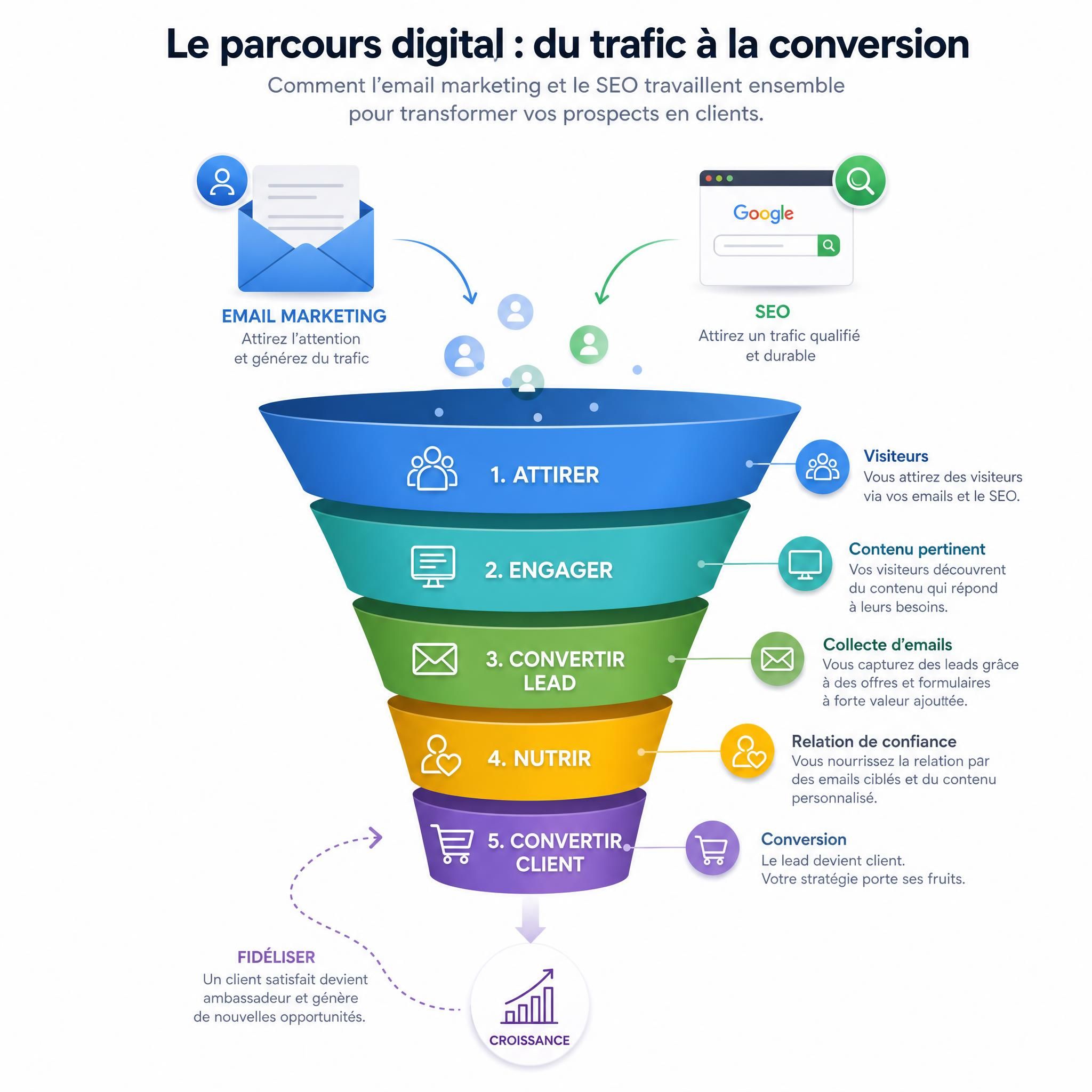 Funnel de conversion digital illustrant le parcours de l'email marketing au SEO jusqu'à la conversion finale