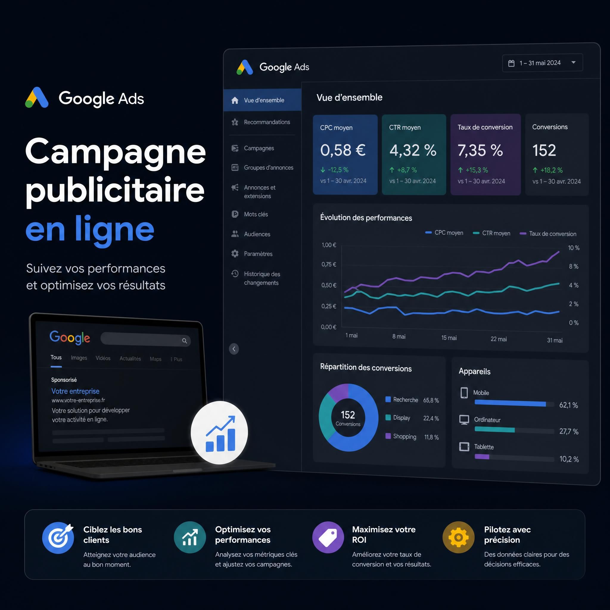 Campagne publicitaire en ligne Google Ads avec métriques de performance CPC CTR et taux de conversion sur interface sombre