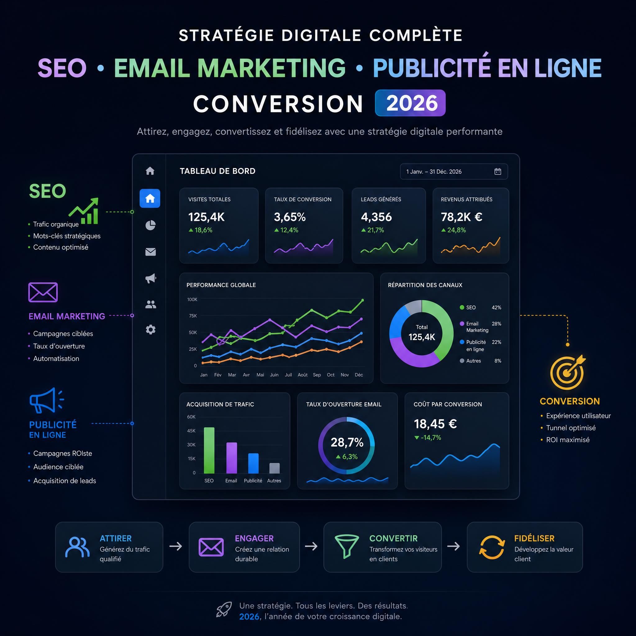 Stratégie digitale complète SEO email marketing publicité en ligne conversion 2026 - tableau de bord analytique sur fond sombre