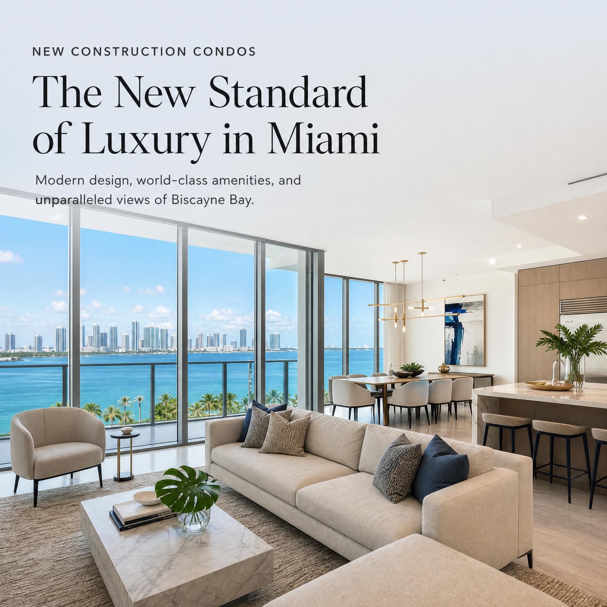 Luxury new construction condo interior in Miami with floor-to-ceiling windows, open-plan living space, and Biscayne Bay views