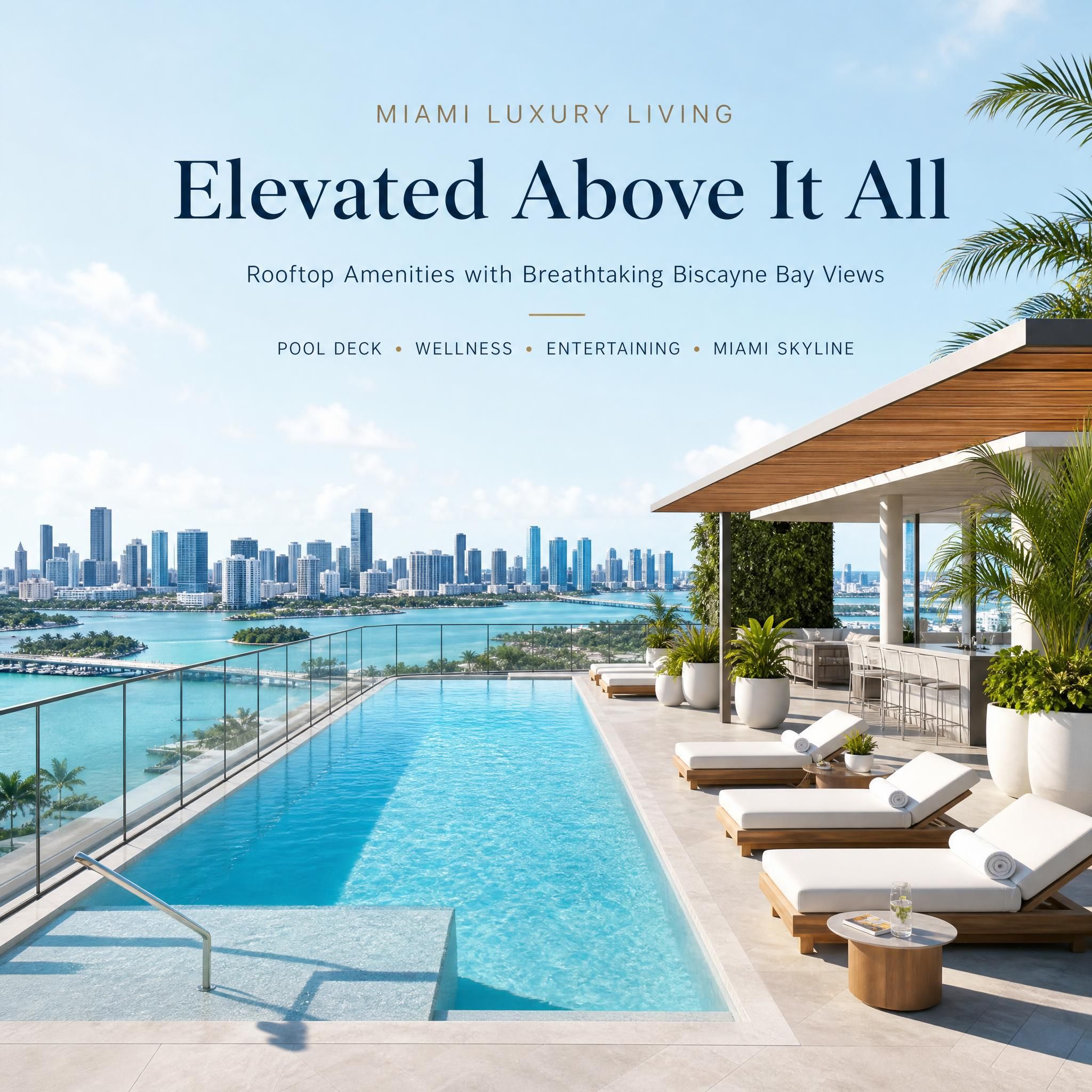 Rooftop pool and amenity deck of a luxury Miami condo tower overlooking Biscayne Bay with city skyline in background