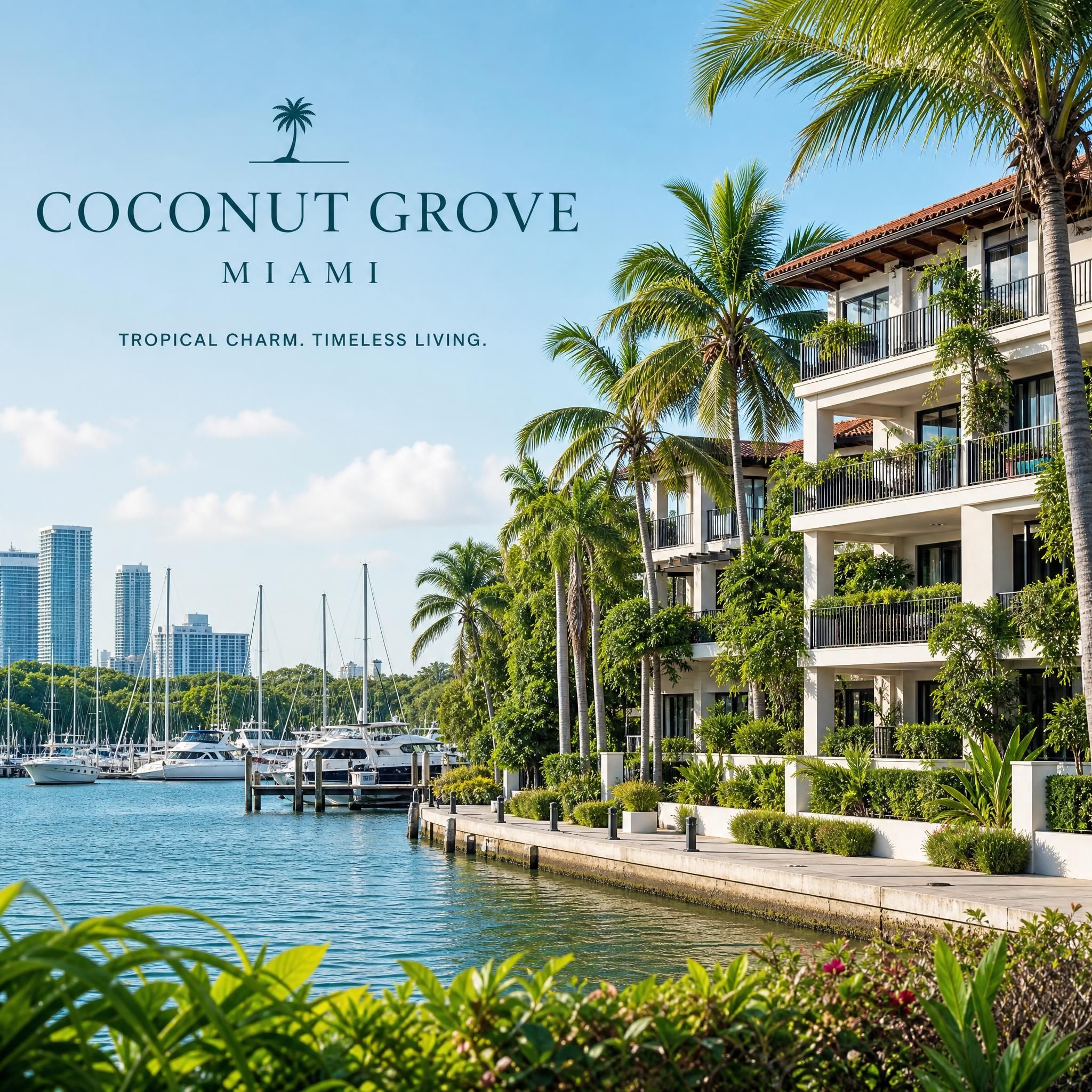 Coconut Grove Miami waterfront neighborhood with lush tropical greenery, marina, and luxury boutique residential buildings