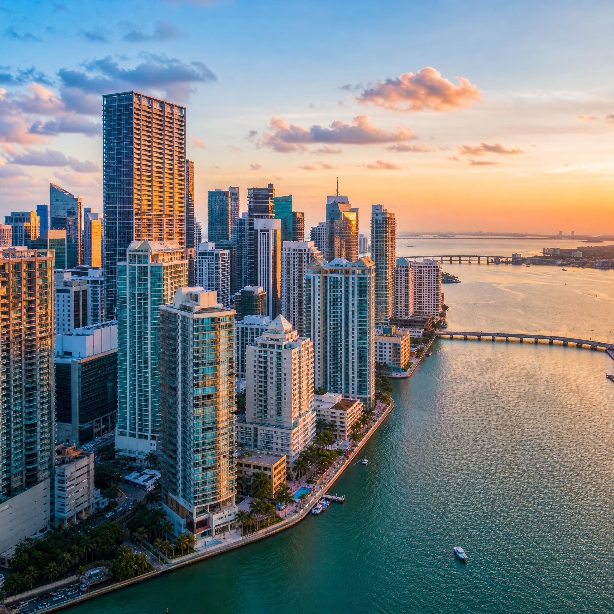 Aerial drone view of Miami's Brickell skyline with luxury high-rise towers and Biscayne Bay waterfront at golden hour