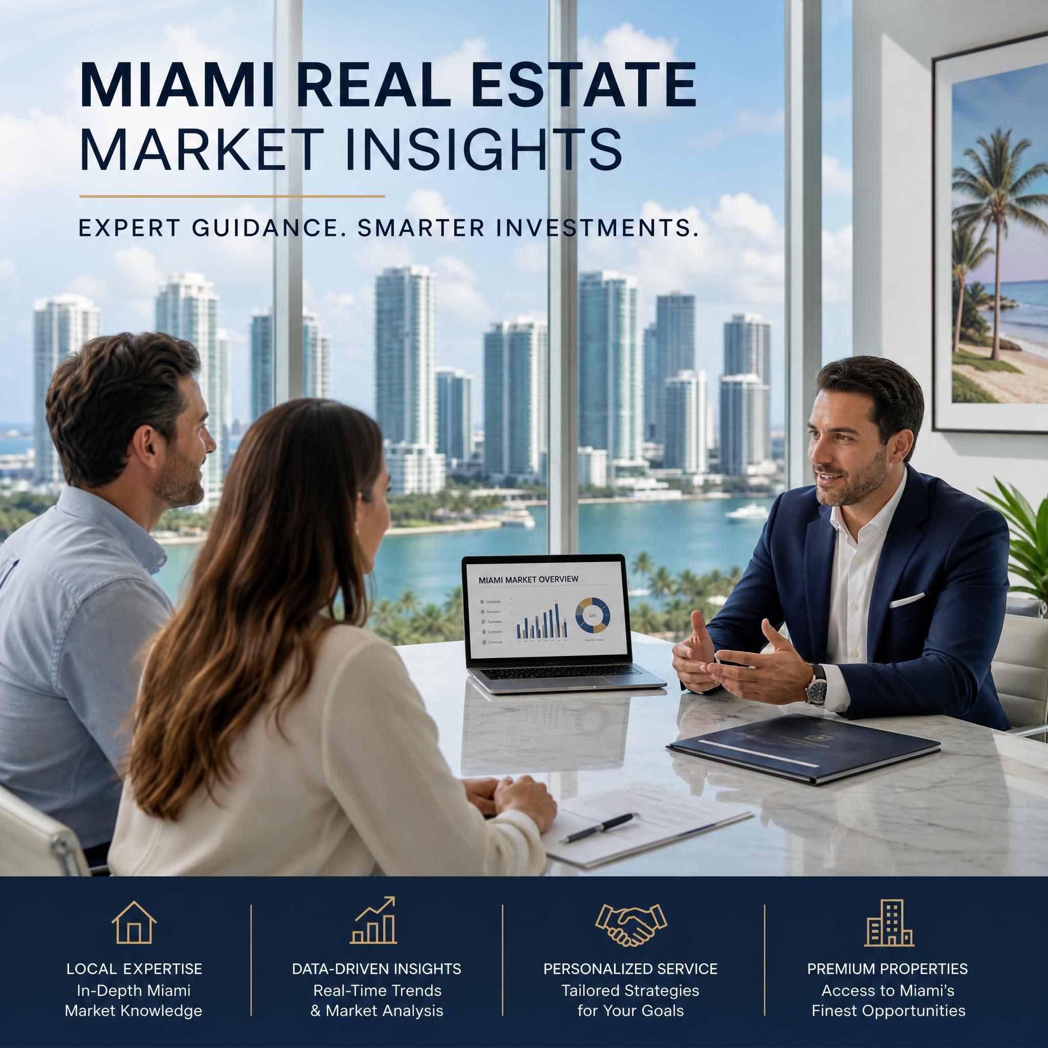 Professional real estate consultation meeting with luxury Miami skyline visible through office windows