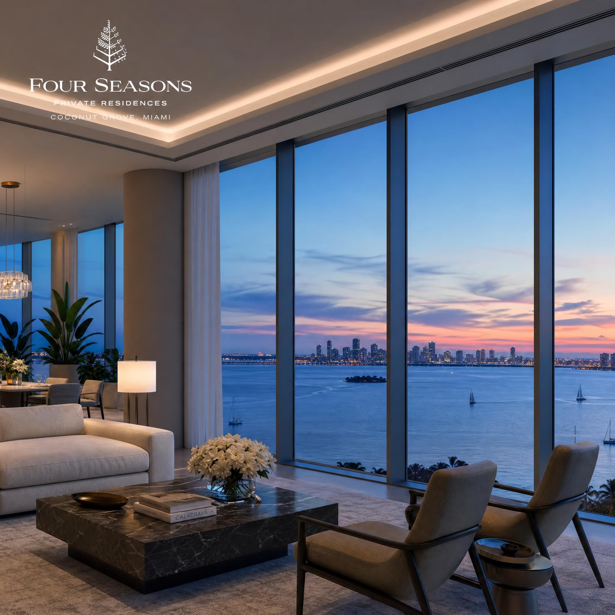 Four Seasons Coconut Grove luxury condo tower interior with floor-to-ceiling windows overlooking Biscayne Bay at dusk