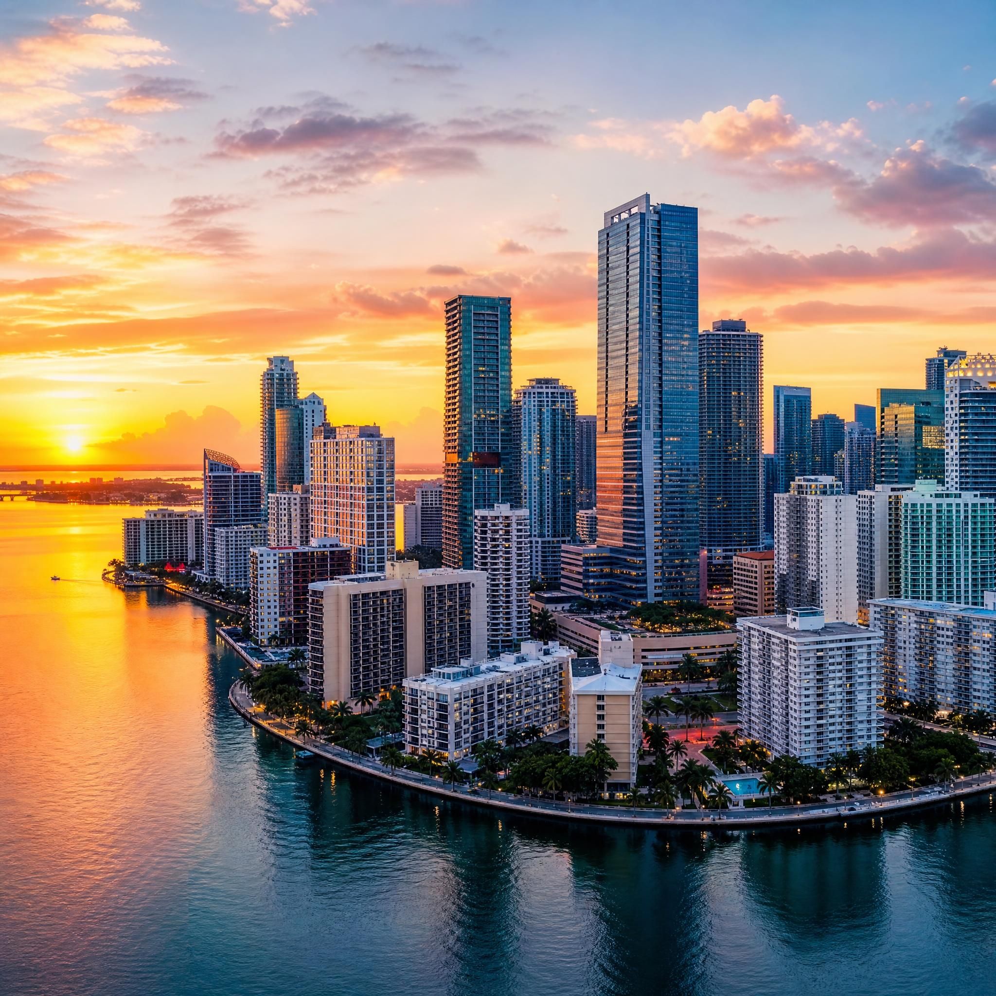 Aerial sunset view of Miami's Brickell and Edgewater luxury high-rise skyline reflecting over Biscayne Bay