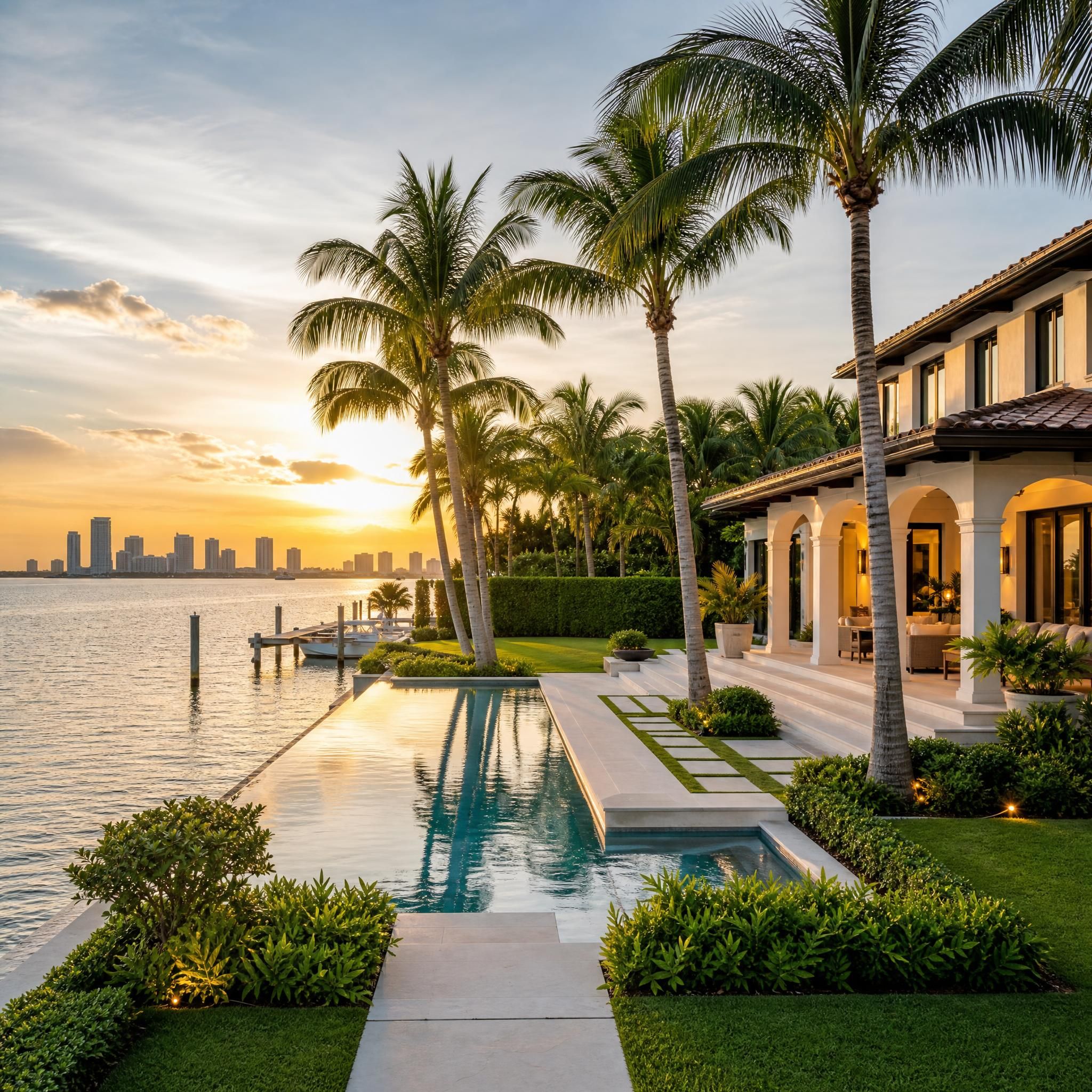 Lush waterfront Coconut Grove estate with Biscayne Bay views and tropical landscaping at golden hour