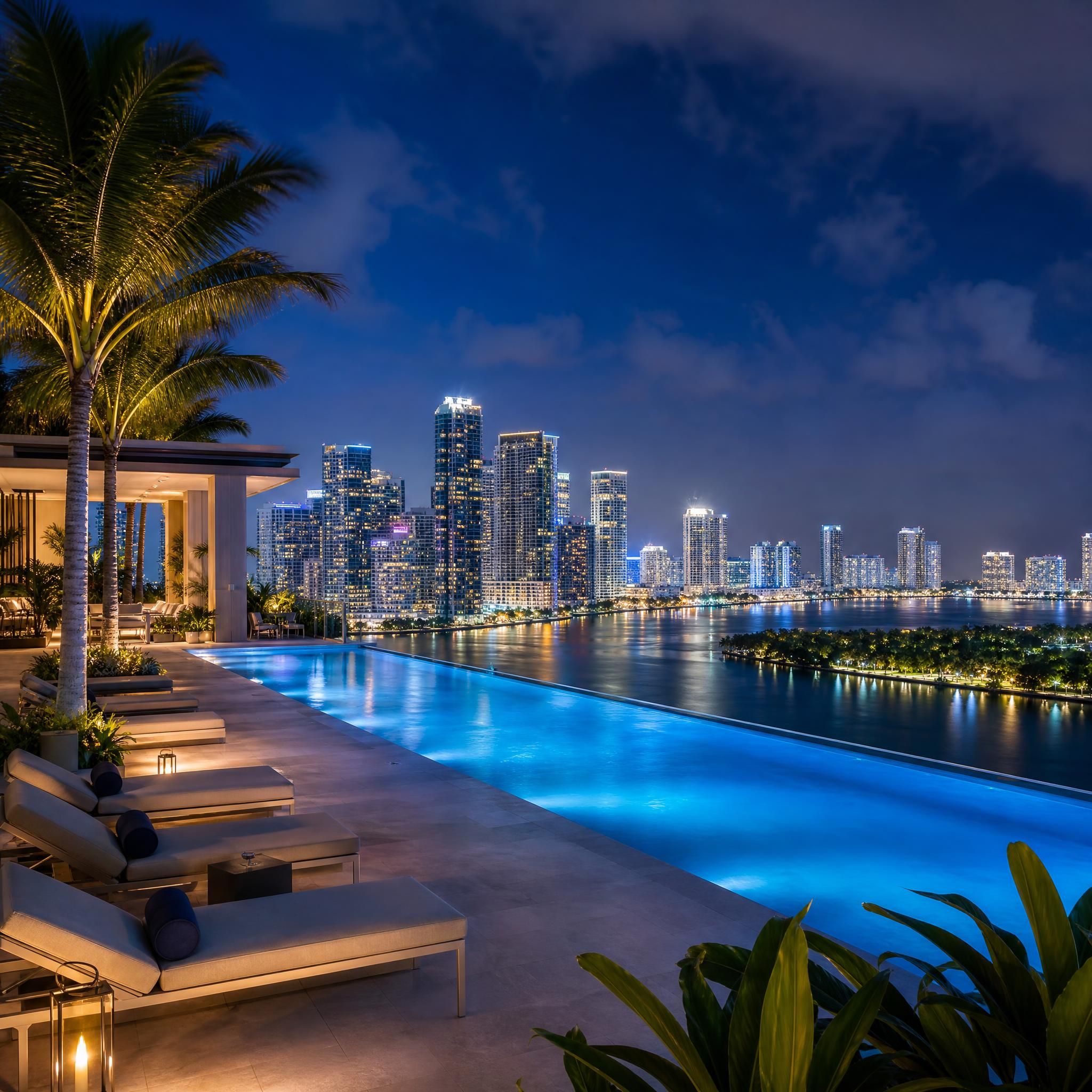 Luxury Miami waterfront condo rooftop pool at night with city skyline and Biscayne Bay illuminated below