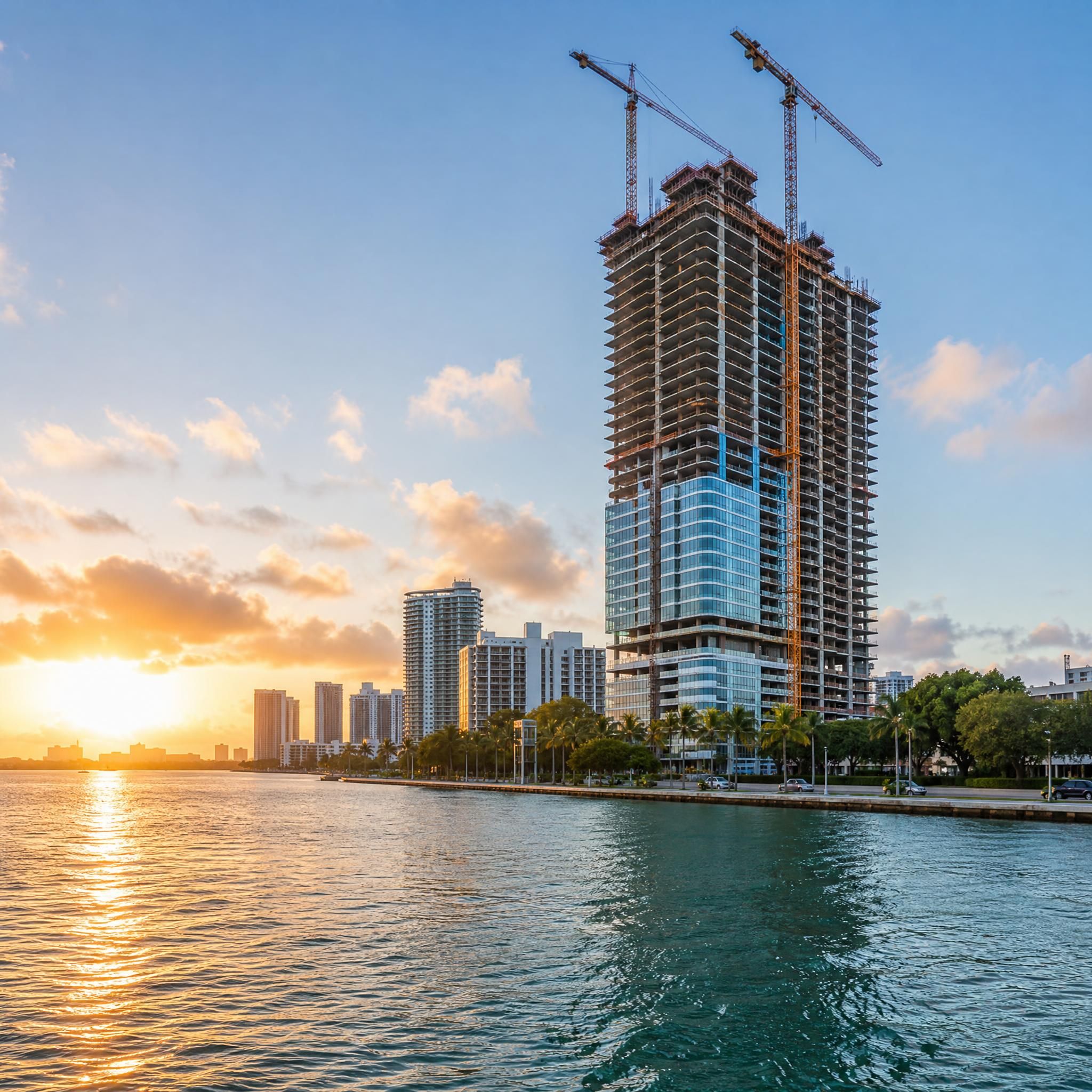 Edgewater Miami bayfront luxury tower under construction at sunrise with Biscayne Bay in the foreground