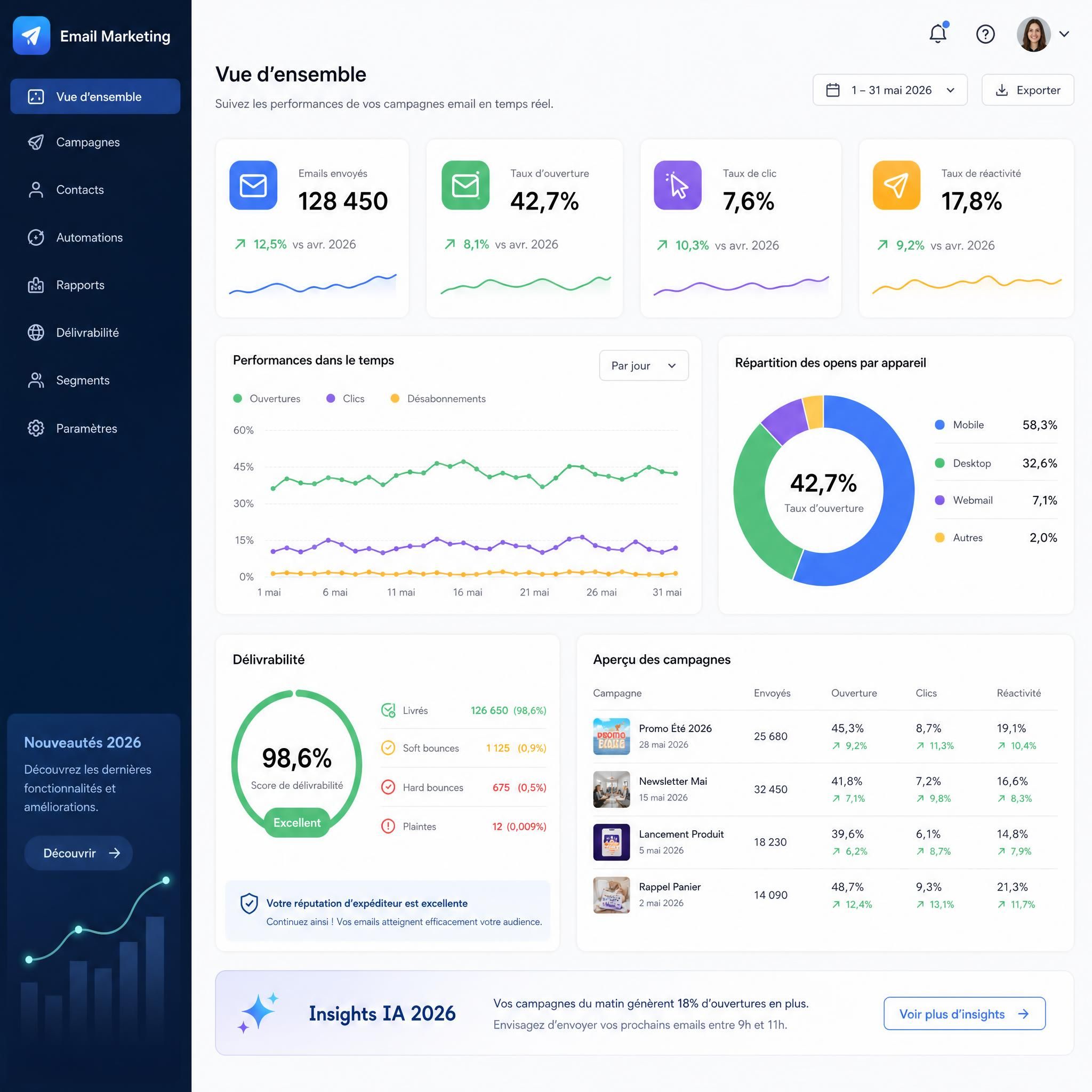 Tableau de bord email marketing avec taux d'ouverture taux de clic et métriques de délivrabilité 2026