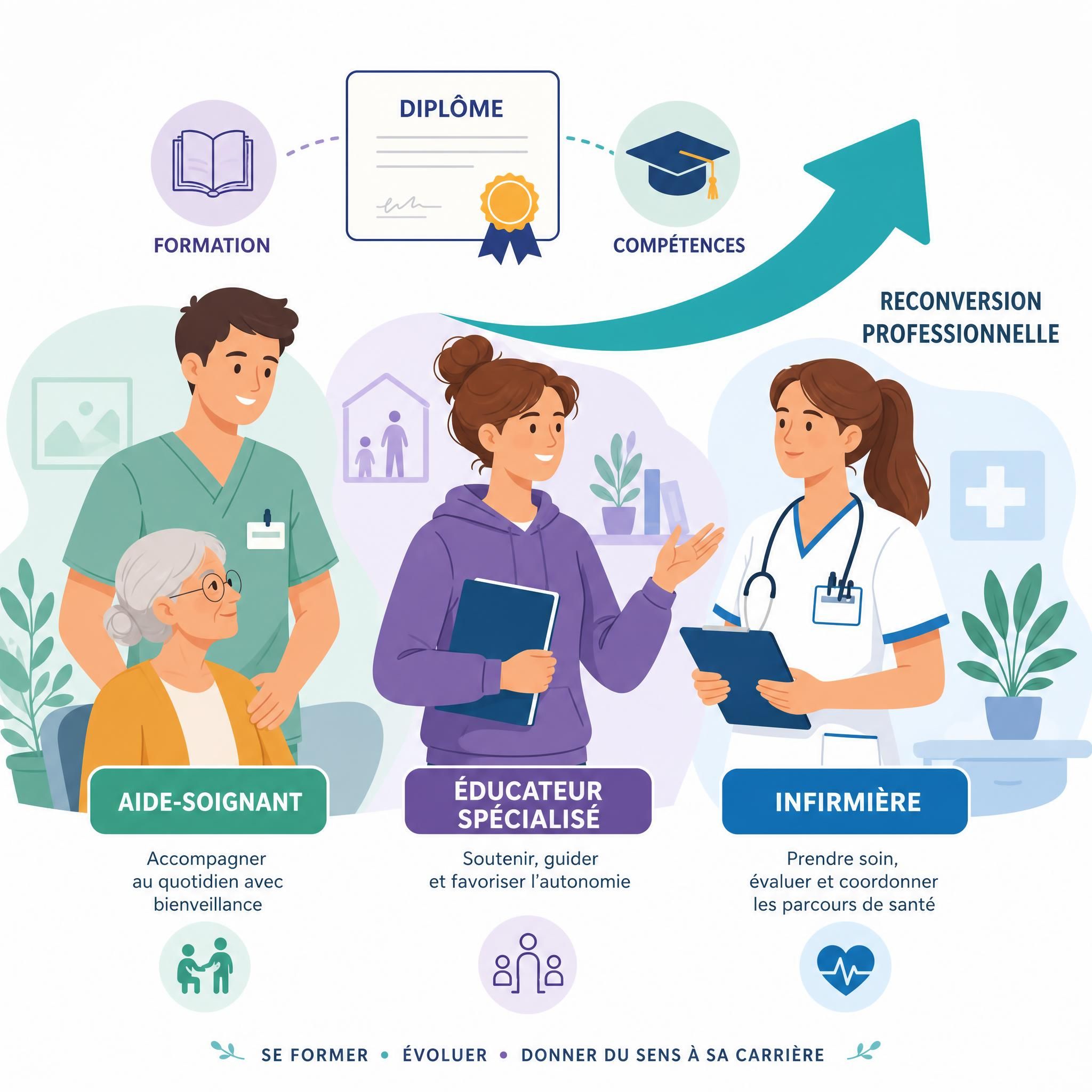 Illustration flat design vectorielle représentant des professionnels de la santé et du médico-social — aide-soignant, éducateur spécialisé, infirmière — avec des icônes de formation, diplôme et flèche de reconversion professionnelle, palette colorée bienveillante