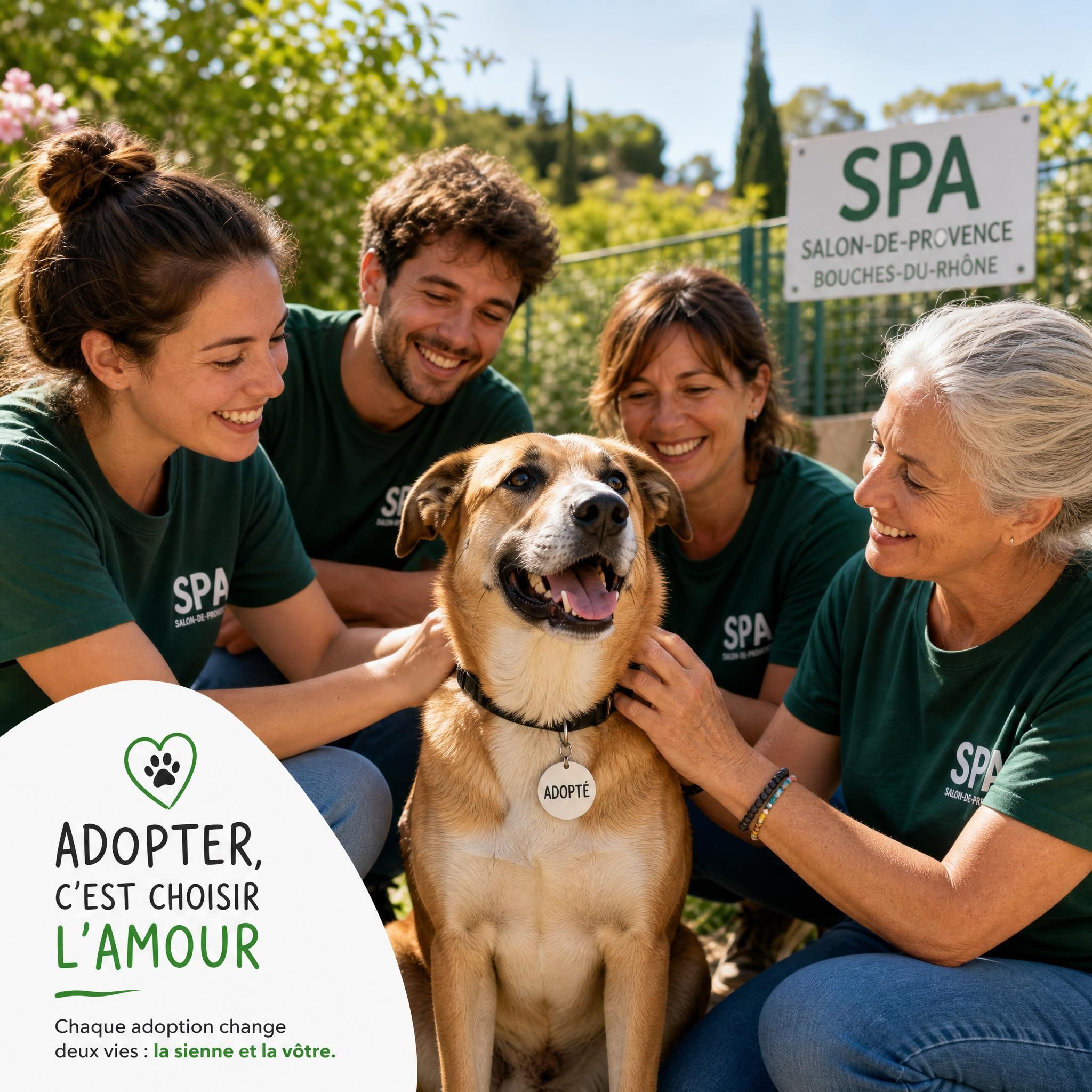 Chien heureux adopté au refuge SPA de Salon-de-Provence, Bouches-du-Rhône, entouré de bénévoles souriants dans un espace verdoyant