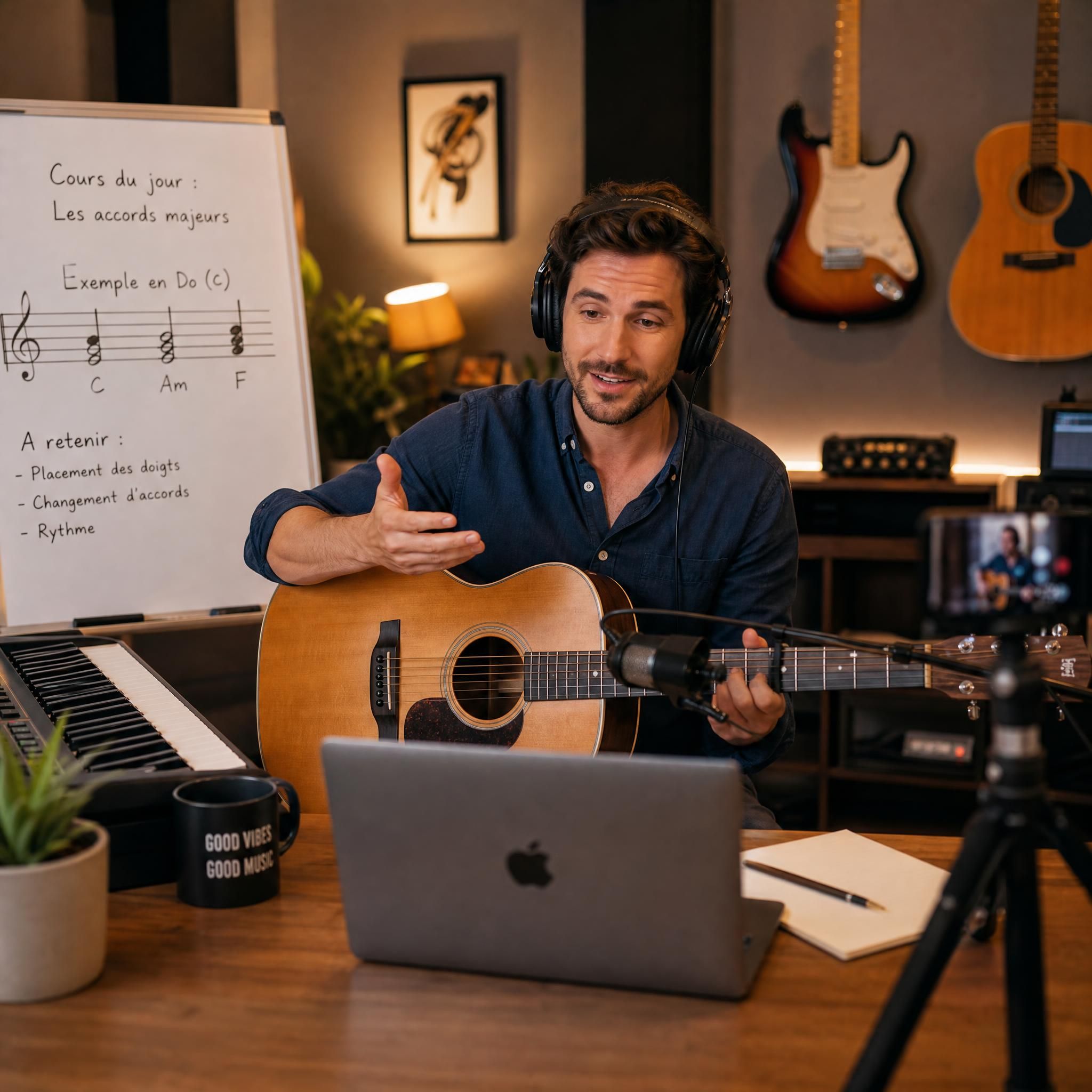 Musicien professionnel donnant un cours de musique en ligne depuis son studio, entouré d'instruments, lumière chaleureuse et professionnelle