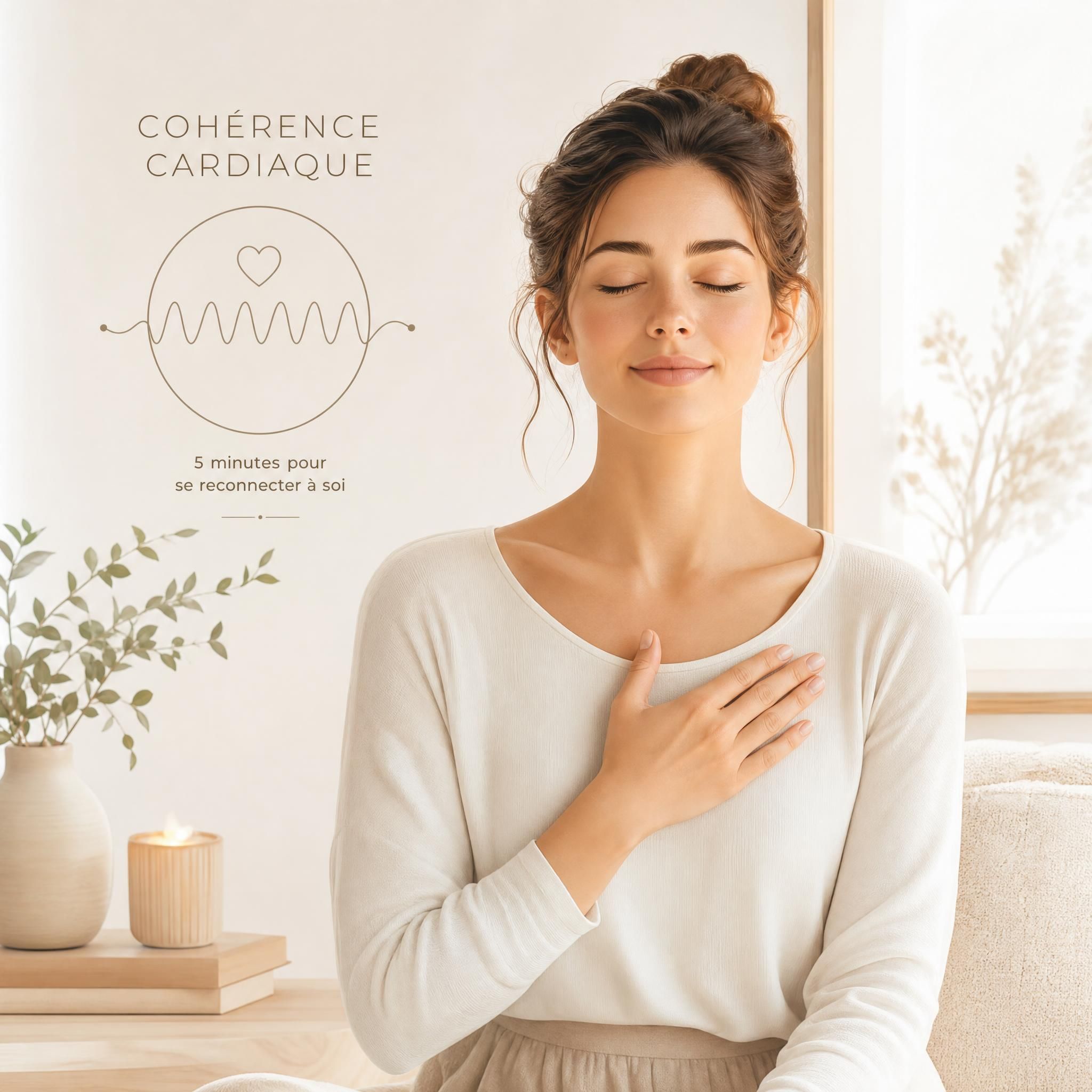 illustration apaisante d'une femme pratiquant la cohérence cardiaque, main posée sur le cœur, ambiance lumineuse et sereine, tons doux beige et blanc cassé