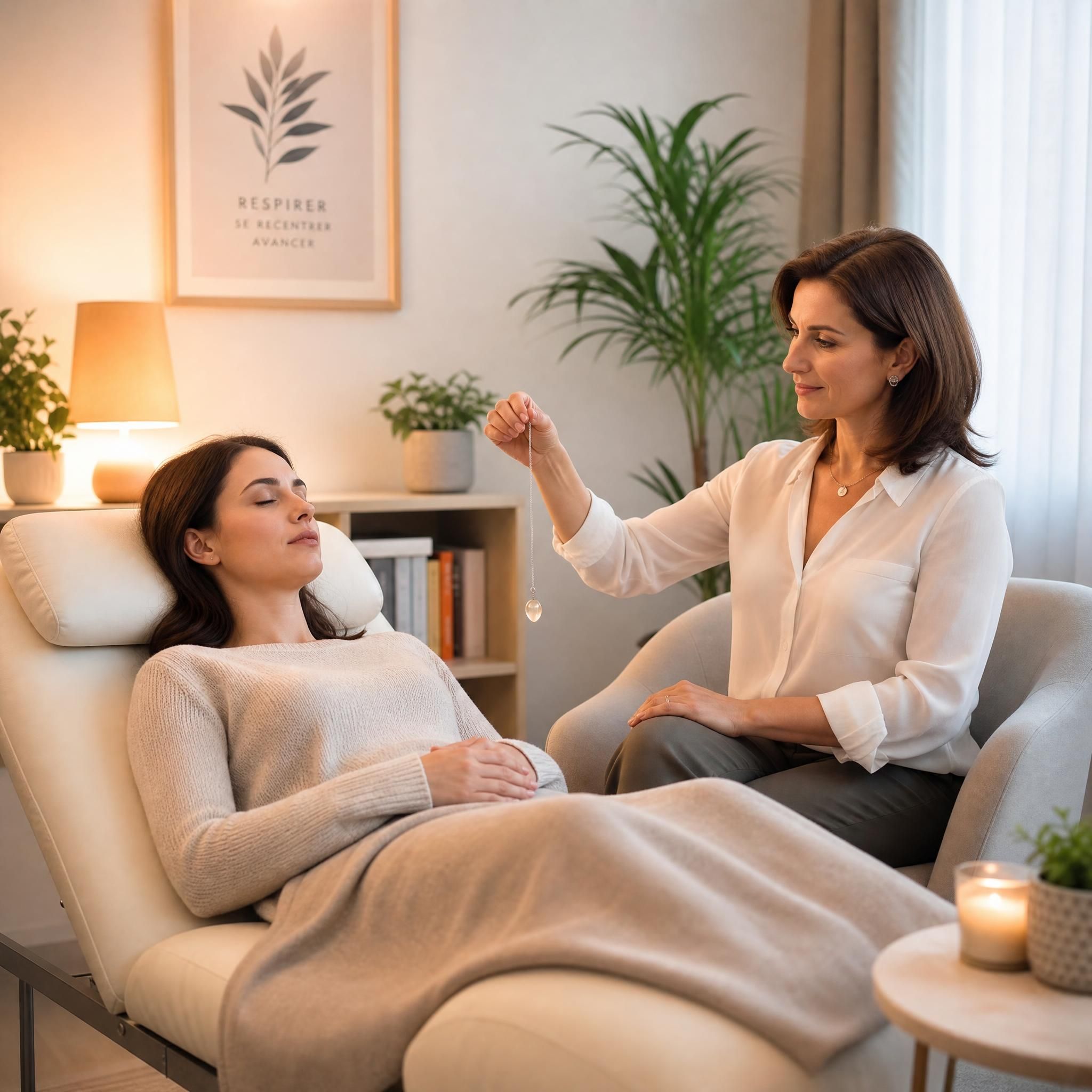 thérapeute et cliente en séance d'hypnose thérapeutique, ambiance calme et bienveillante, lumière douce, espace professionnel chaleureux, connexion et confiance