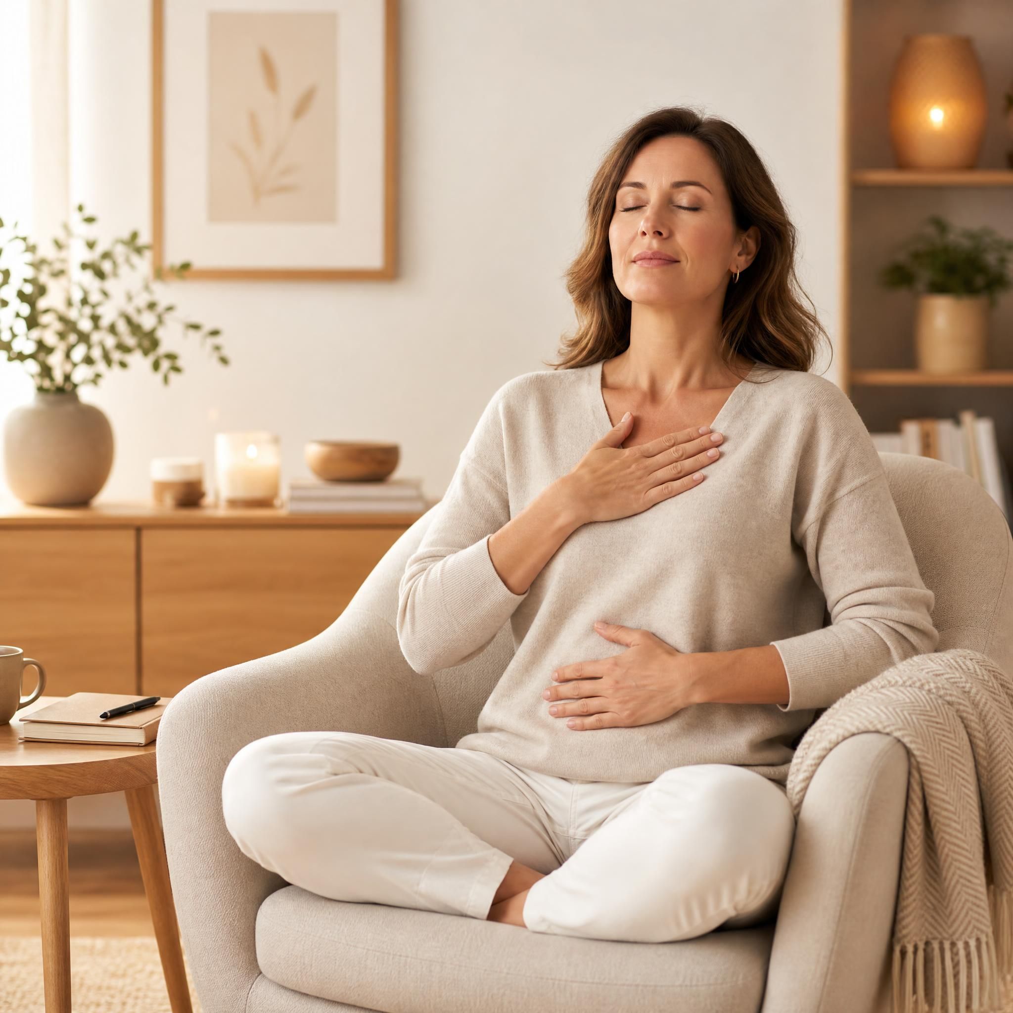 femme d'environ 40 ans assise confortablement dans un fauteuil, yeux fermés, visage serein, pratiquant un exercice de respiration profonde dans un espace intérieur chaleureux aux tons beige et bois clair